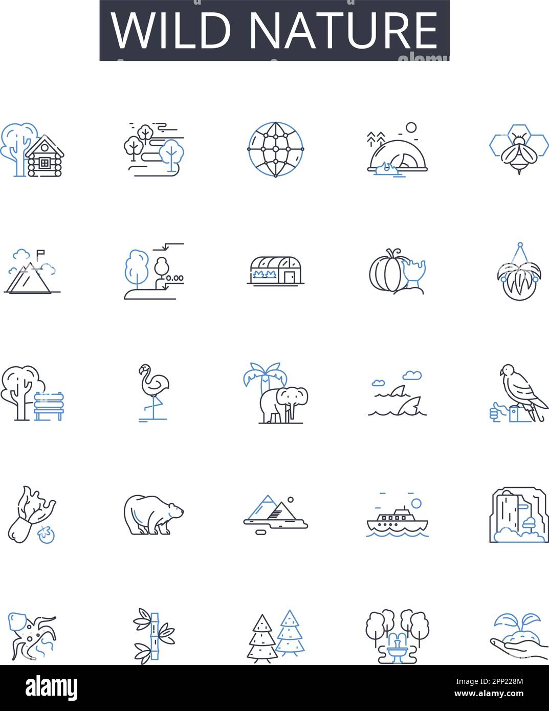 „Wild Nature Line Icons“ Kollektion. Unglaubliche Schönheit, weite Landschaften, ungezähmte Wildnis, endlose Horizonte, majestätische Berge, Exotisches Paradies Stock Vektor