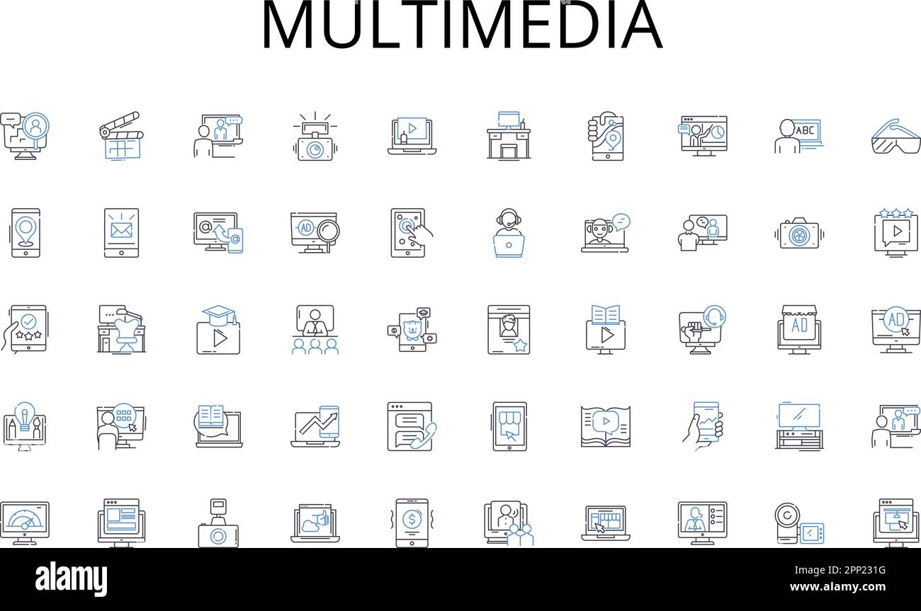 Symbolsammlung für Multimedia-Zeilen. Initiative, Innovation, Kreativität, Risikobereitschaft, Vision, Führungsstärke, Anpassungsfähigkeit und lineare Darstellung Stock Vektor