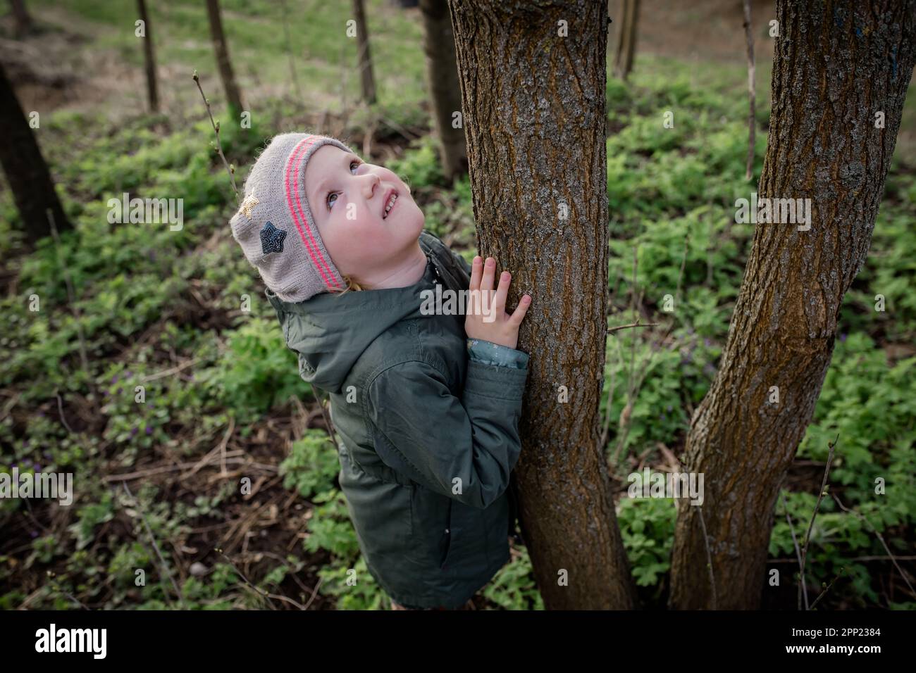 Harmonisiert mit der Natur. Das Mädchen fühlt sich harmonisch mit der Natur, umarmt den Baum und fühlt sich mit der Umgebung verbunden. Baumtherapiekonzept, Shinrin-y Stockfoto