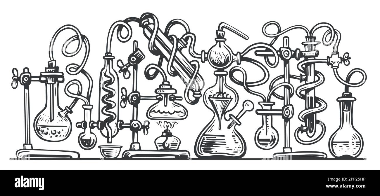 Laborausrüstung. Chemische Forschung, Skizzenvektordarstellung. Konzept für Wissenschaft, Medizin und Wissen Stock Vektor