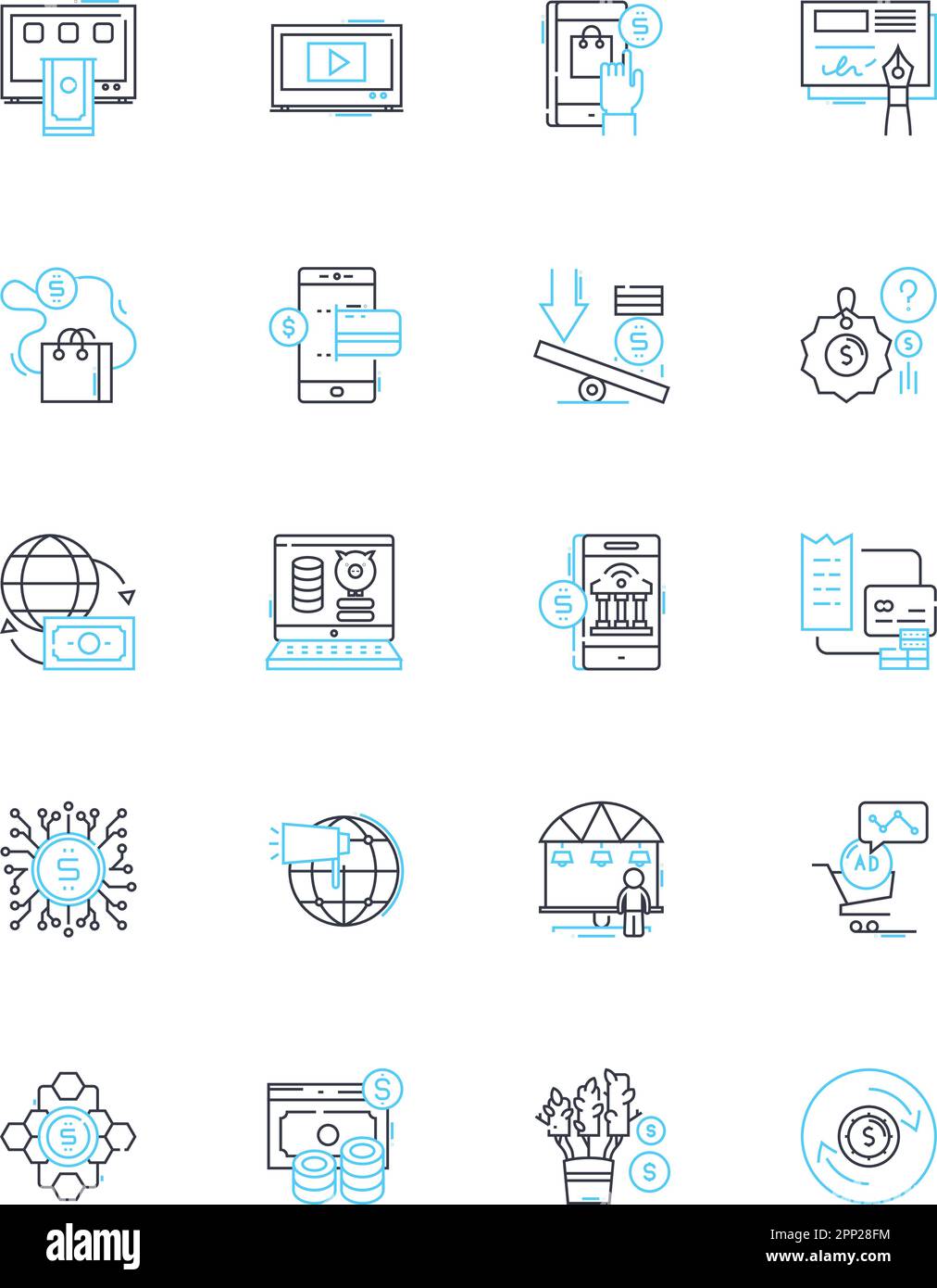 Klicken Sie auf die lineare Symbolgruppe des Einkaufszentrums. Einkaufen, Einzelhandel, Mode, Verkauf, Rabatte, Schnäppchen, Markenlinienvektor und Konzeptschilder. Boutique, Lebensmittel Stock Vektor