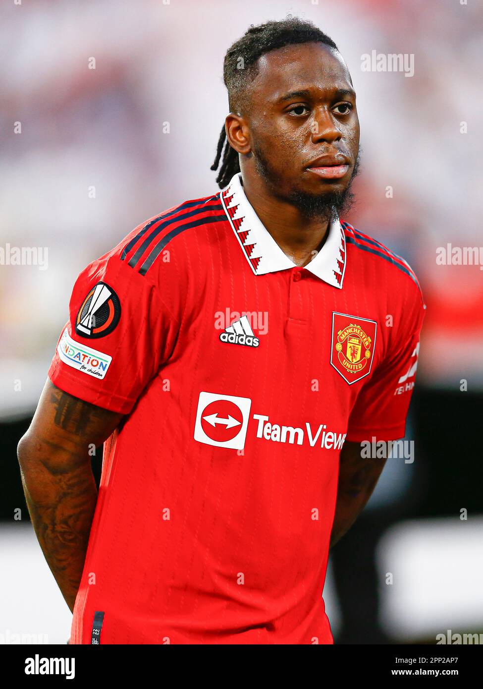 Aaron Wan-Bissaka von Manchester United während des Spiels der UEFA Europa League, Viertelfinals, zweite Etappe, zwischen dem FC Sevilla gegen Manchester United, gespielt am 20. April 2023 im Ramon Sanchez Pizjuan Stadium in Sevilla, Spanien. (Foto: Antonio Pozo / PRESSIN) Stockfoto