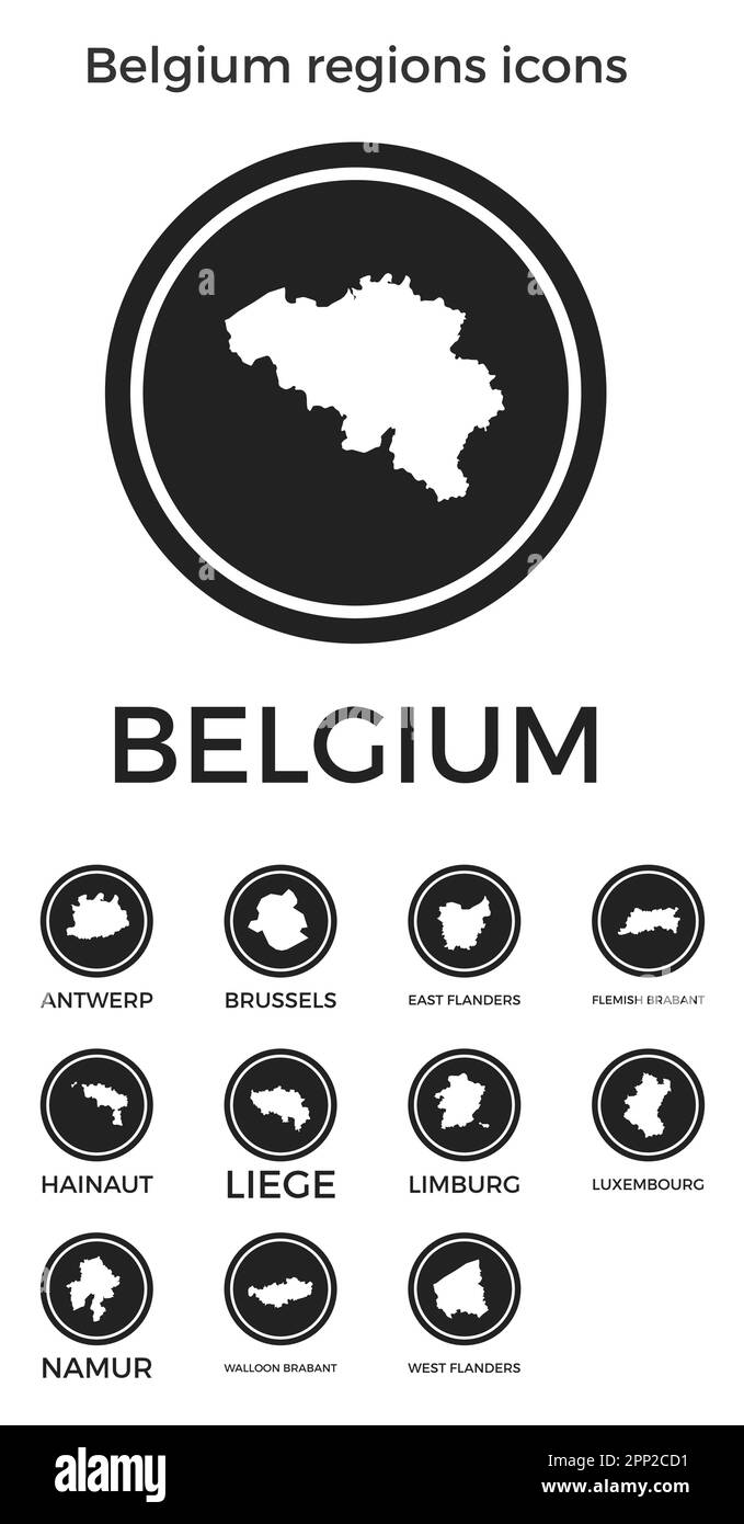 Symbole für Regionen in Belgien. Schwarze runde Logos mit Karten und Titeln der jeweiligen Region. Vektordarstellung. Stock Vektor