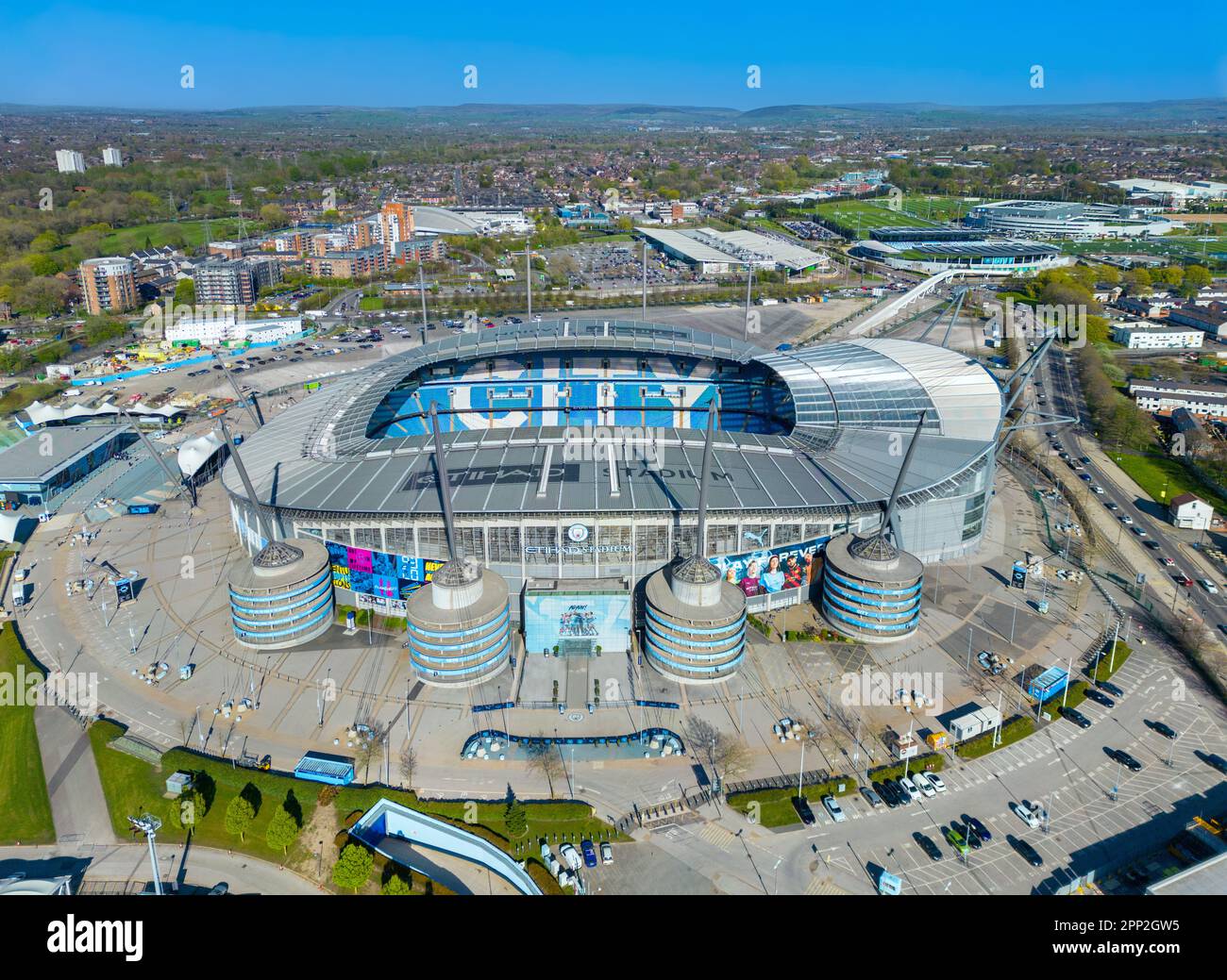 Manchester City, Etihad Stadion. Luftbild. 25. April 2023 Stockfoto