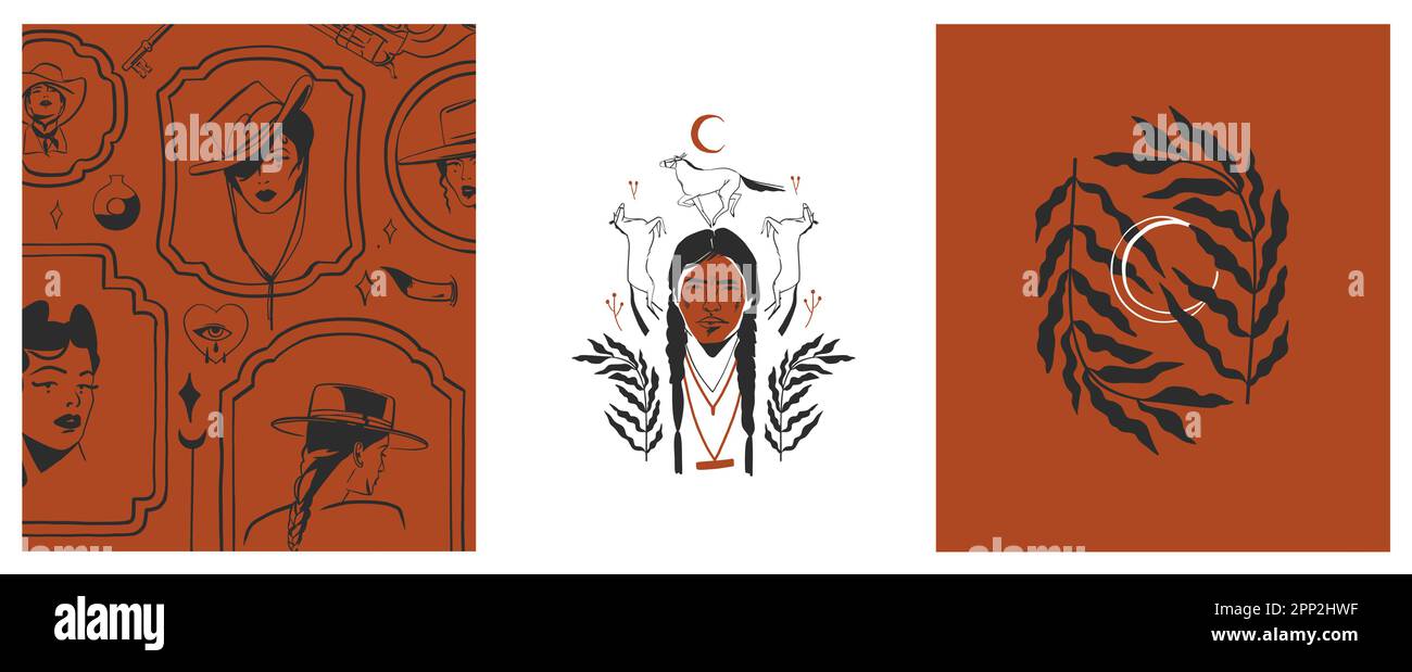Handgezeichnete abstrakte Vektor Grafik Cliparts Illustrationen Logo Set Kompositionen.Wild Western Design Konzept.Böhmische wilden Westen zeitgenössische Kunst.Cowboy Stock Vektor