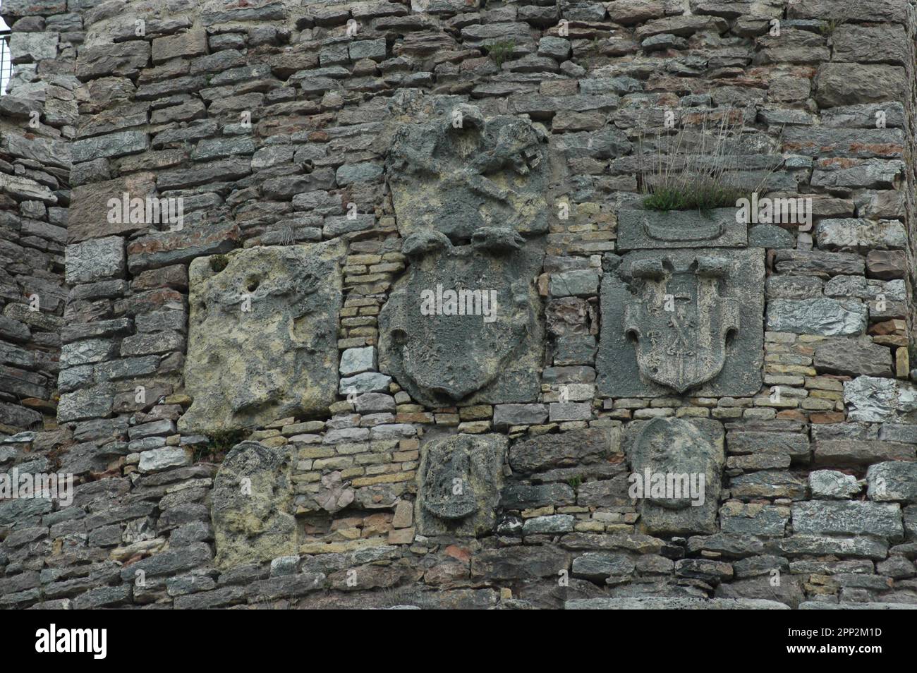 Alte Wappen an den Burgmauern Stockfoto