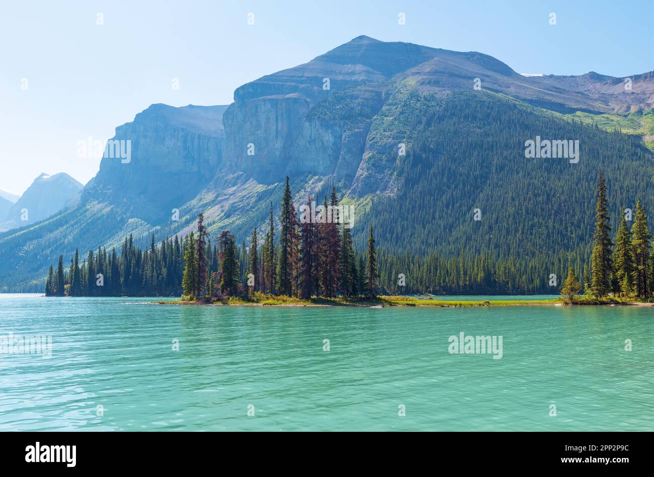 Spirit Island und Maligne Lake, Jasper-Nationalpark, Kanada. Stockfoto