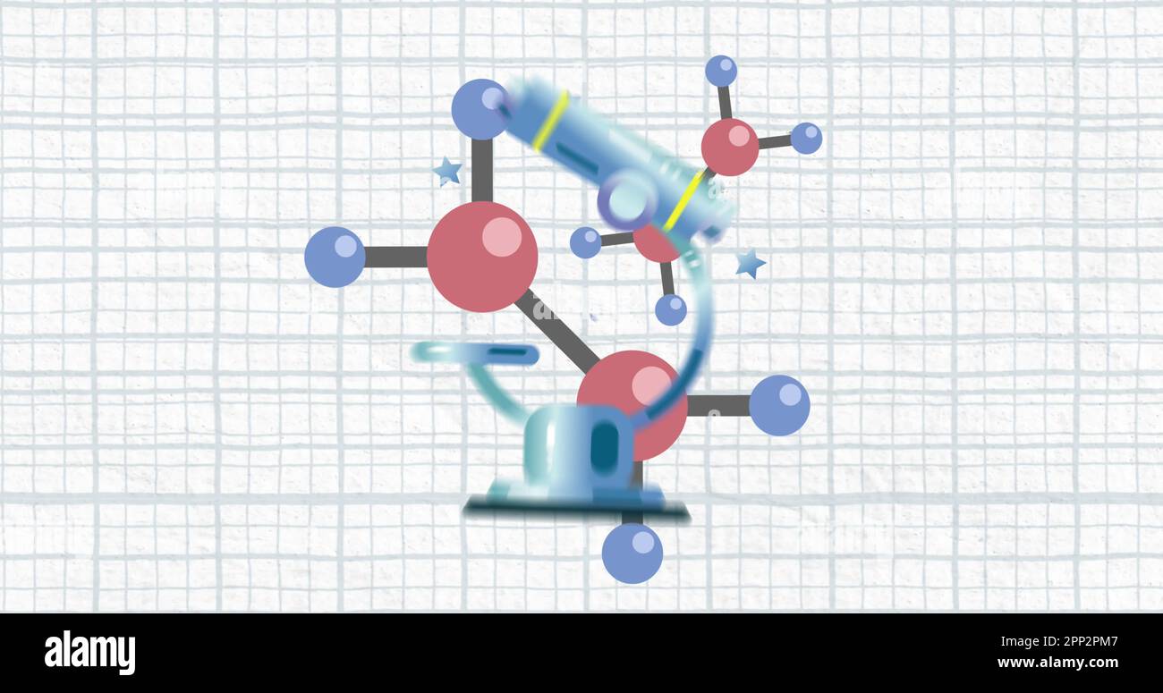 Zusammensetzung von Molekülen und Mikroskopen über Linien auf weißem Hintergrund Stockfoto