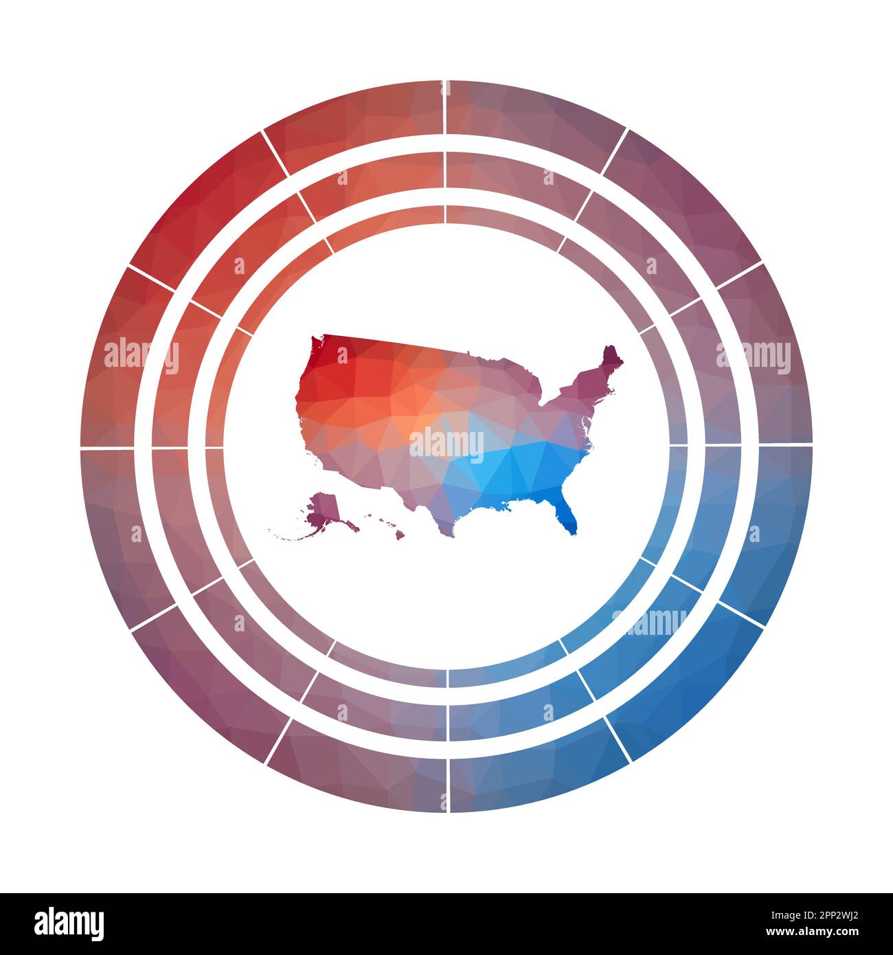 US-Abzeichen. Leuchtendes, abgestuftes Landlogo in niedriger Poly-Optik. Mehrfarbiges, abgerundetes US-amerikanisches Schild mit Karte im geometrischen Stil für Ihre Infografiken. Stock Vektor