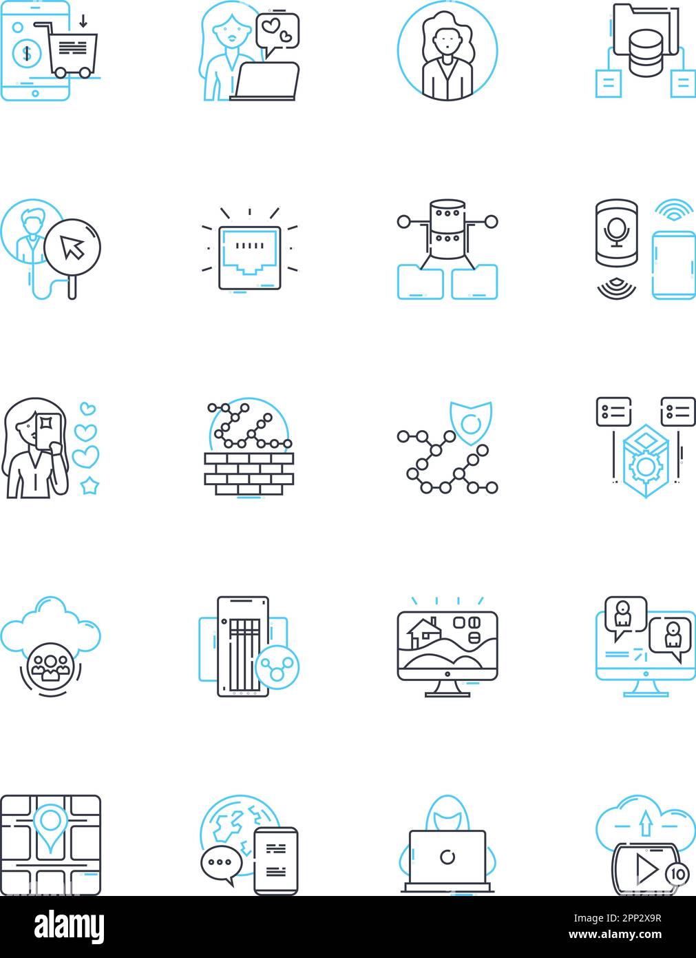 Lineare Symbole für Cyber-Verbindungen festgelegt. Cybersicherheit, Nerking, Firewall, Router, Verschlüsselung, Phishing, Hacking Line Vector und Concept Signs. Malware Stock Vektor