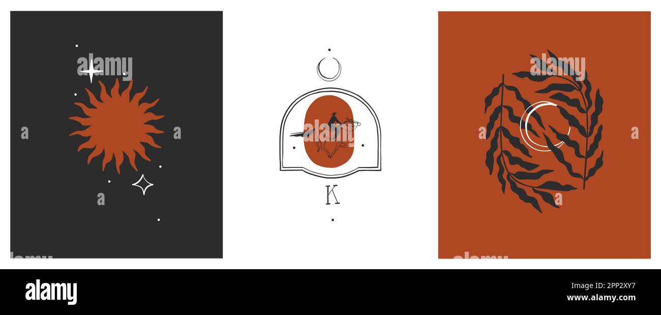 Handgezeichnete abstrakte Vektor Grafik Cliparts Illustrationen Logo Set Kompositionen.Wild Western Design Konzept.Böhmische wilden Westen zeitgenössische Kunst.Cowboy Stock Vektor