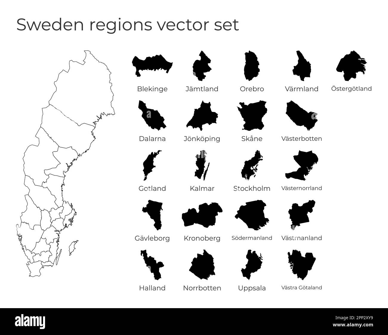 Schweden Karte mit Formen von Regionen. Leere Vektorkarte des Landes mit Regionen. Grenzen des Landes für Ihre Infografik. Vektorabbildung. Stock Vektor