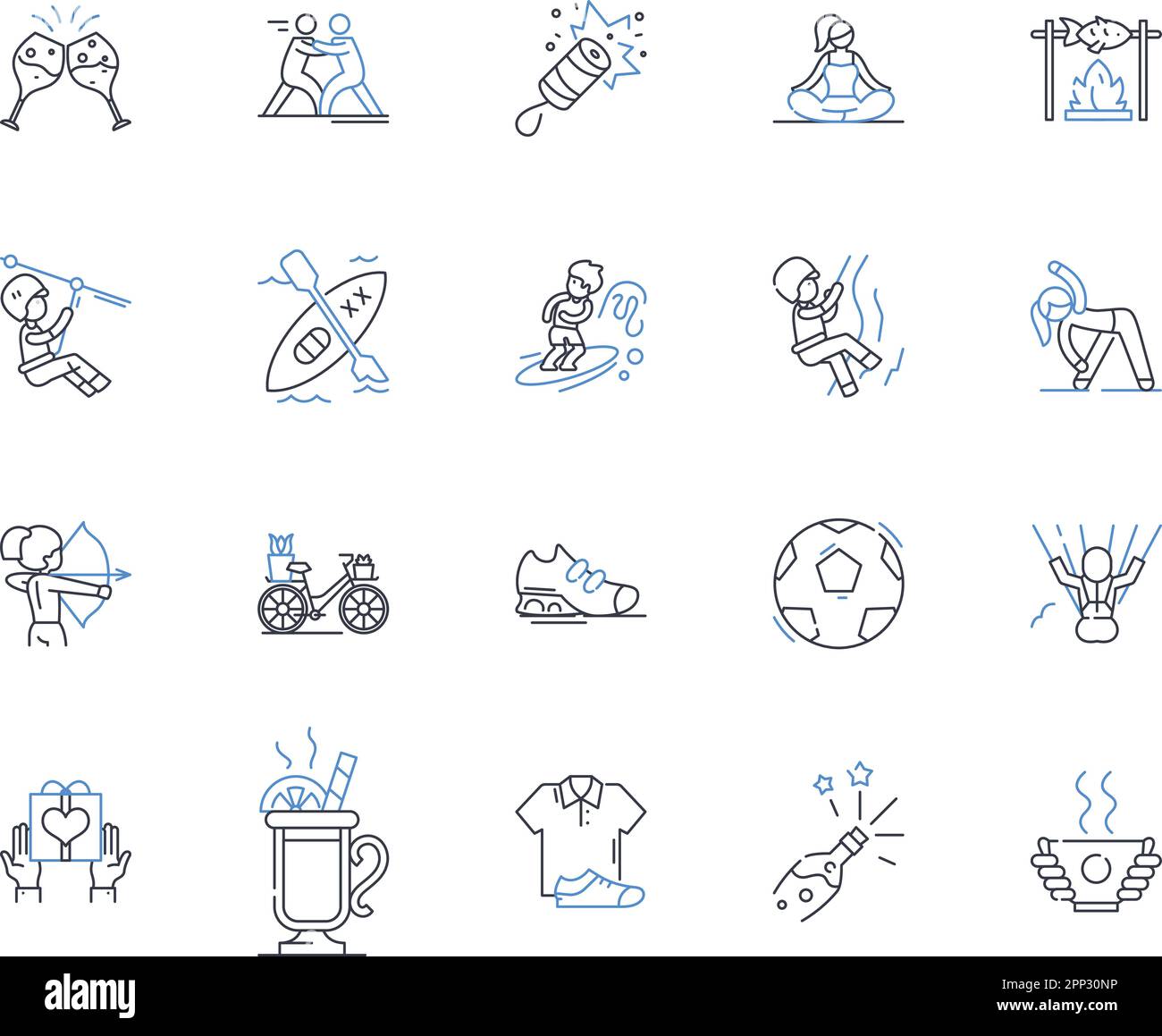 Sammlung der Liniensymbole für die freie Belegung. Schreiben, Malen, Gartenarbeit, Wandern, Lesen, Kochen, Zusammenfügen, Vektor und lineare Darstellung. Nähen Stock Vektor