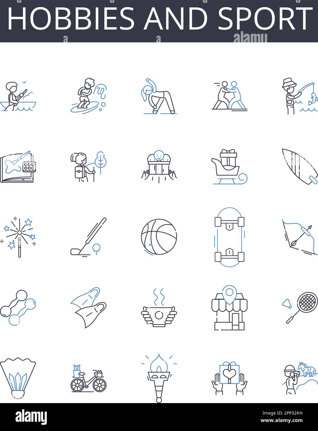 Hobbys und Sport Line Icons Kollektion. Zeitvertreib, Freizeitangebote, Freizeitaktivitäten, Interessen, Vergnügungen, Ablenkungen, Außerschulisch Stock Vektor