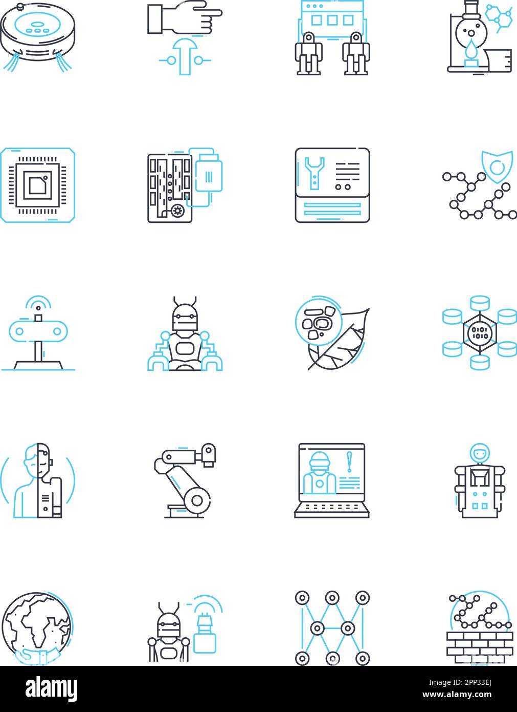 Lineare Symbole für elektronische Maschinen. Schaltkreise, Computerisierung, Automatisierung, Robotik, Sensoren, Transistoren, Mikroprozessoren, Linienvektor und Konzept Stock Vektor