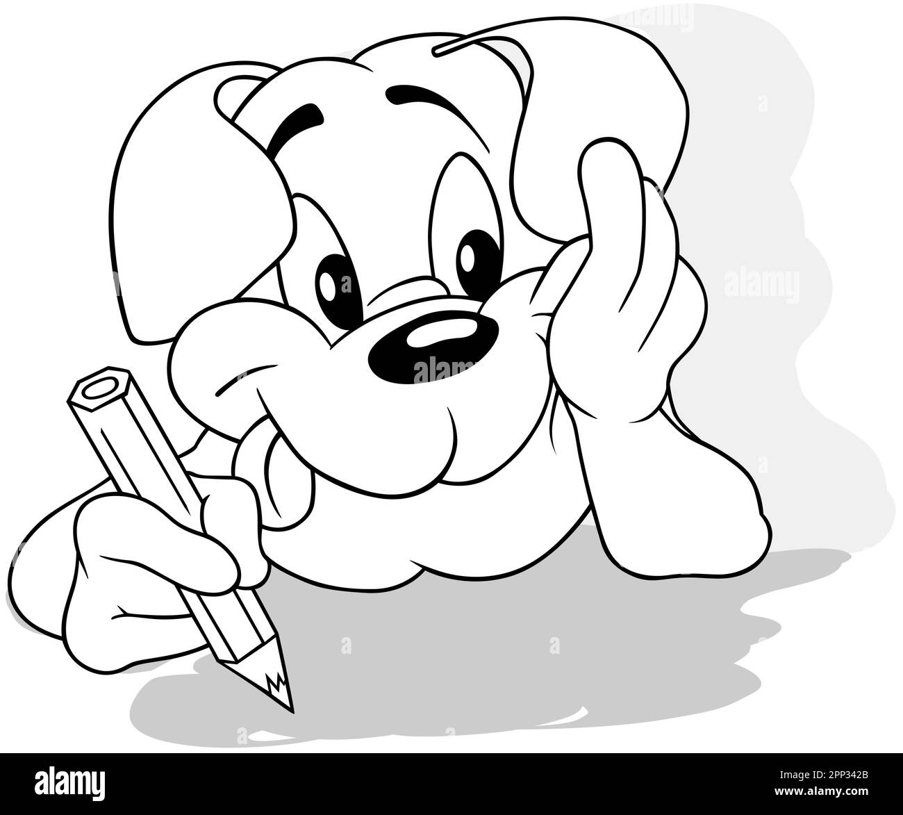 Zeichnung eines lügenden Hundes mit einer Kreide in der Pfote Stock Vektor