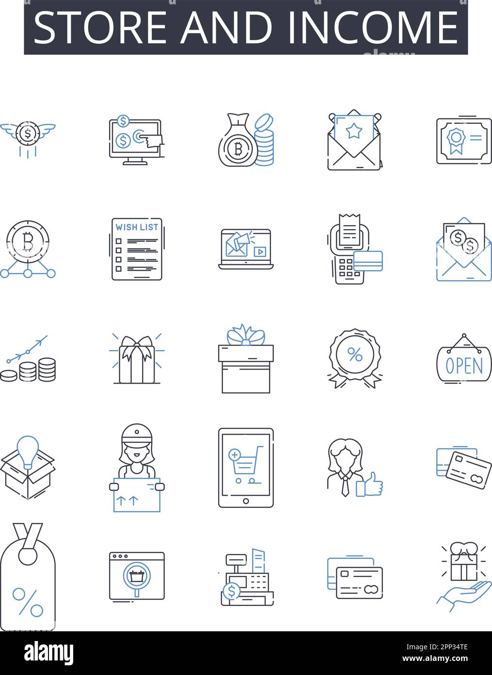 Symbolsammlung für Filialen und Einkommenspositionen. Shop and Revenue , Market and Earnings , Boutique and Profit , Warehouse and Gain , Outlet und Return Stock Vektor