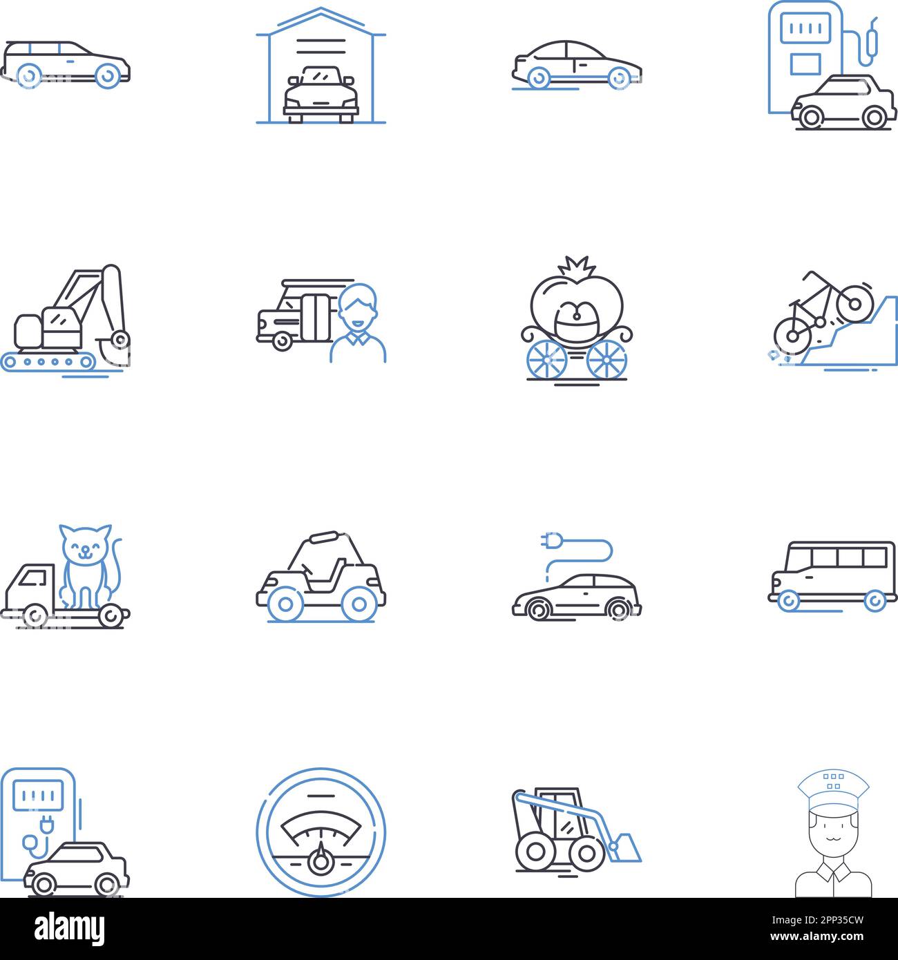 Sammlung von Liniensymbolen für Kraftfahrzeuge. PKW, Lkw, Motorrad, Van, SUV, Coupé, konvertibler Vektor und lineare Darstellung. Limousine, Rückbank, Abholung Stock Vektor