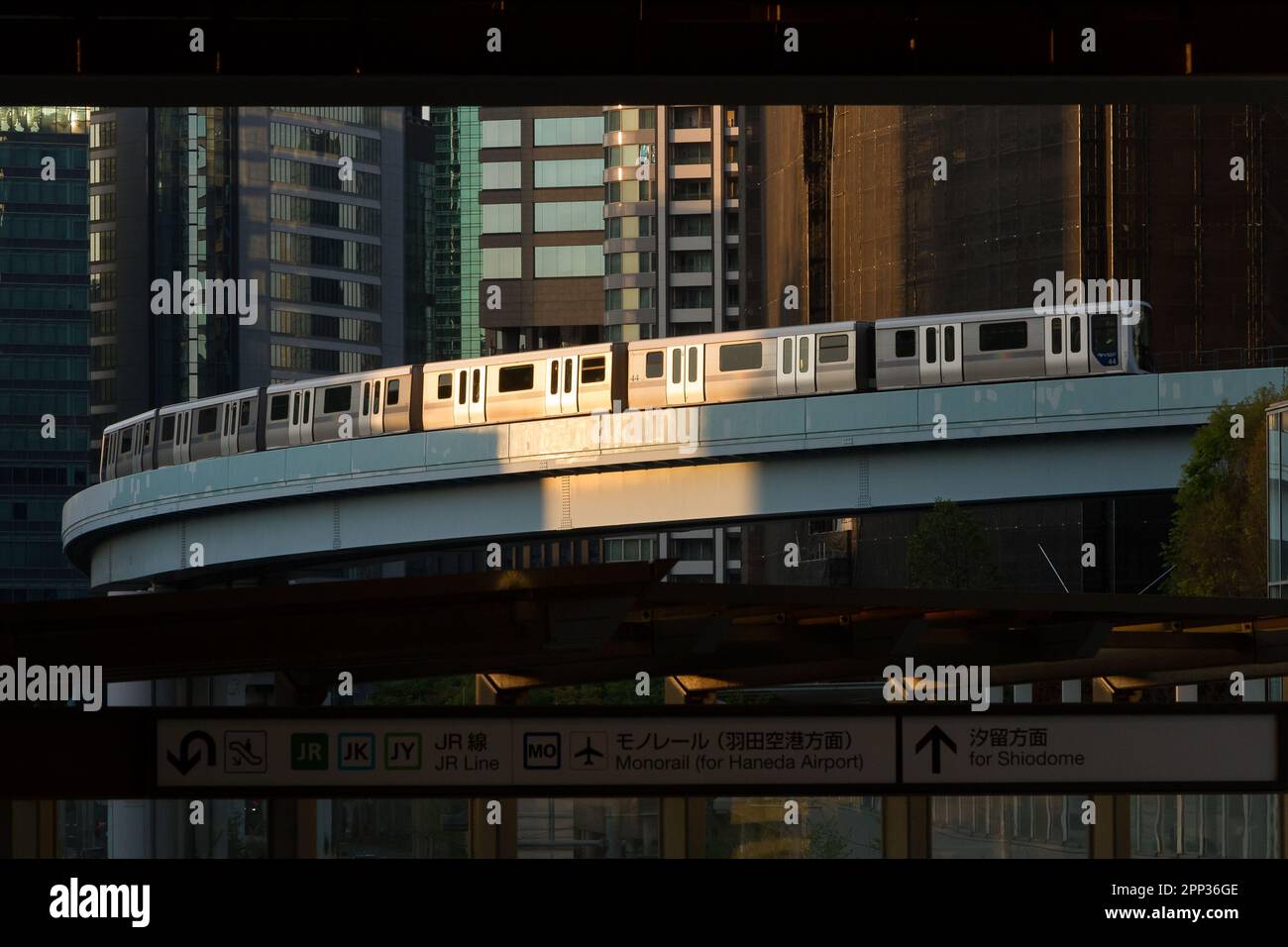 Ein Zug der Yurikamome Line schlängelt sich durch hohe Gebäude in Hamatsucho, Tokio, Japan. Stockfoto