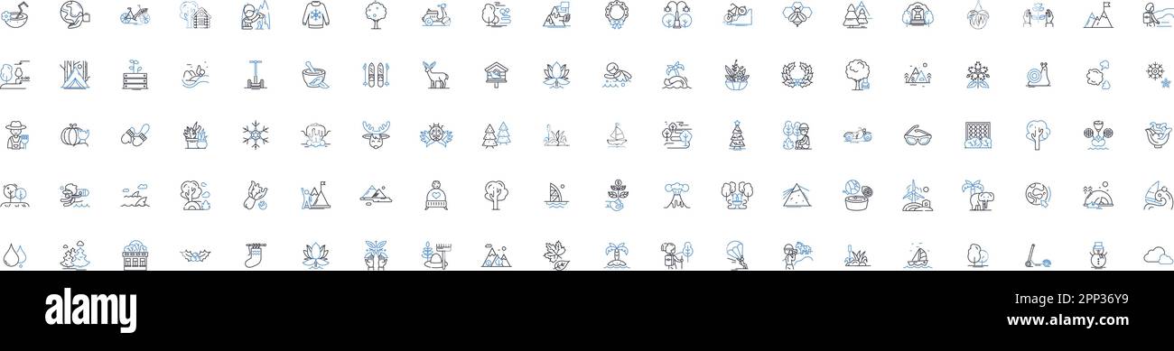 Sammlung der Umgebungszeilensymbole. Nachhaltigkeit, Verschmutzung, Recycling, Entwaldung, Biologische Vielfalt, Extinktion, Kunststoffvektor und lineare Darstellung. Unzen Stock Vektor