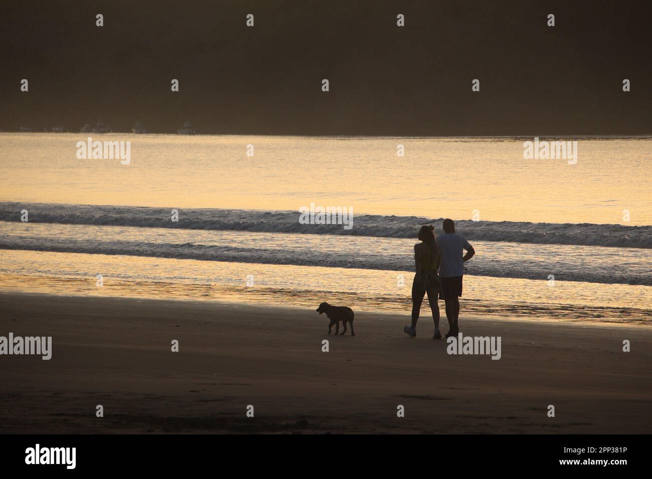 Während die Sonne über den Horizont blickt, spazieren zwei Personen mit ihrem Hundebegleiter am Strand entlang, das sanfte Wellenschlagen sorgt für einen beruhigenden Soun Stockfoto