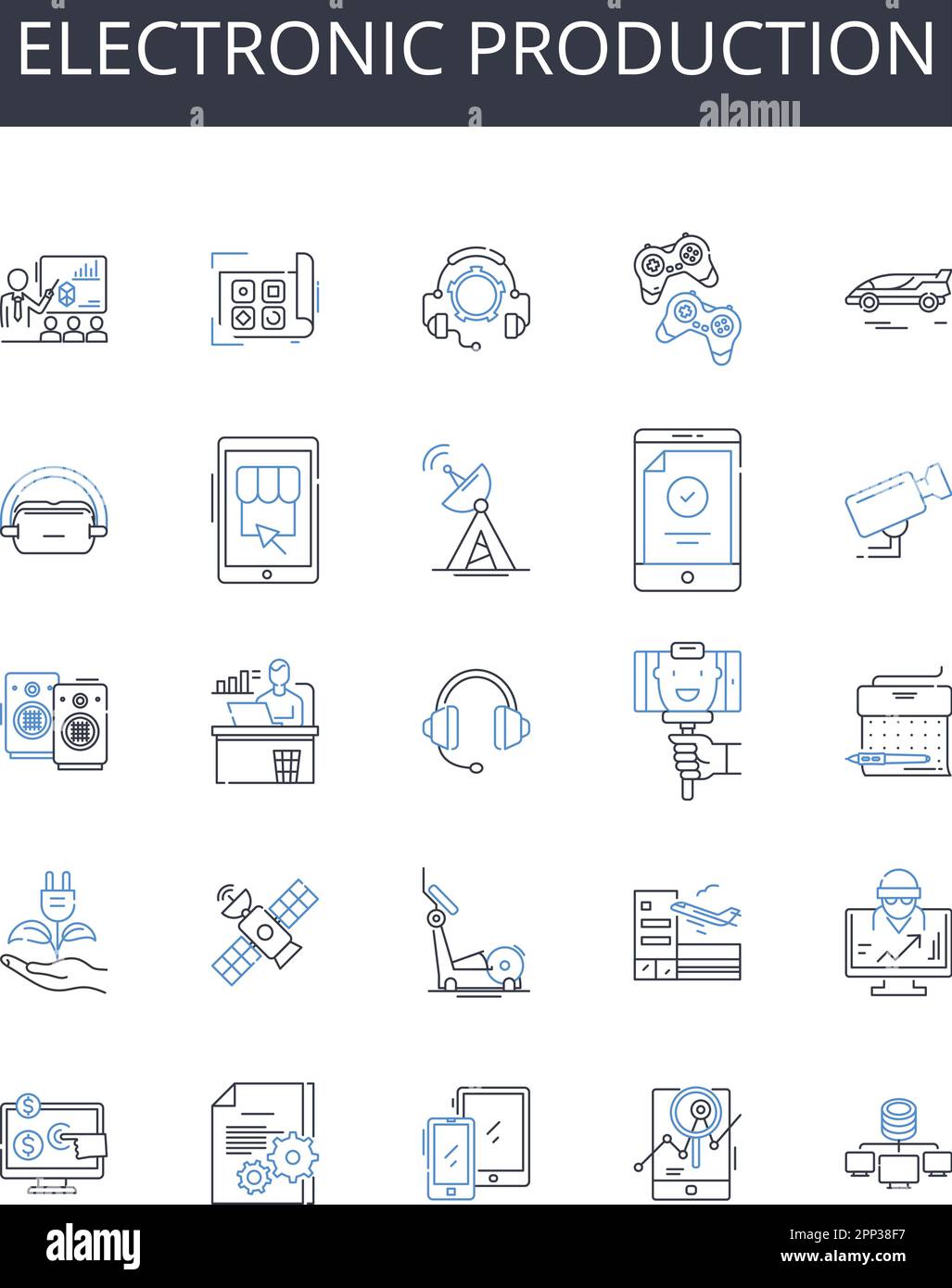 Symbolsammlung für elektronische Fertigungslinien. Computerherstellung, digitale Fertigung, Videosynthese, Audioverarbeitung, Telekommunikationsmontage, Schaltkreis Stock Vektor