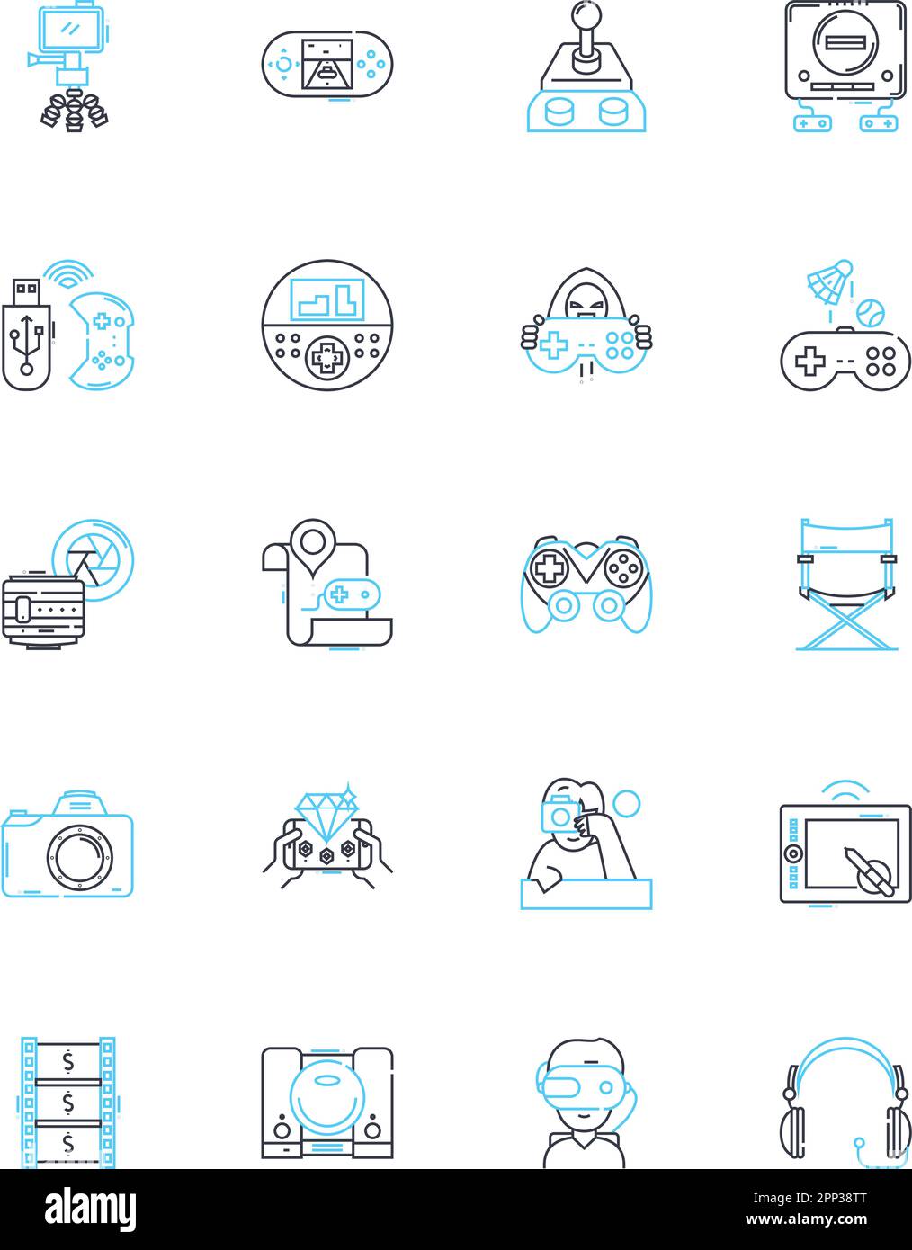 Lineare Symbole für Filmerstellung eingestellt. Kinematographie, Drehbuch, Regie, Beleuchtung, Ton, Bearbeitung, Vektor- und Konzeptzeichen der Produktionslinie Stock Vektor