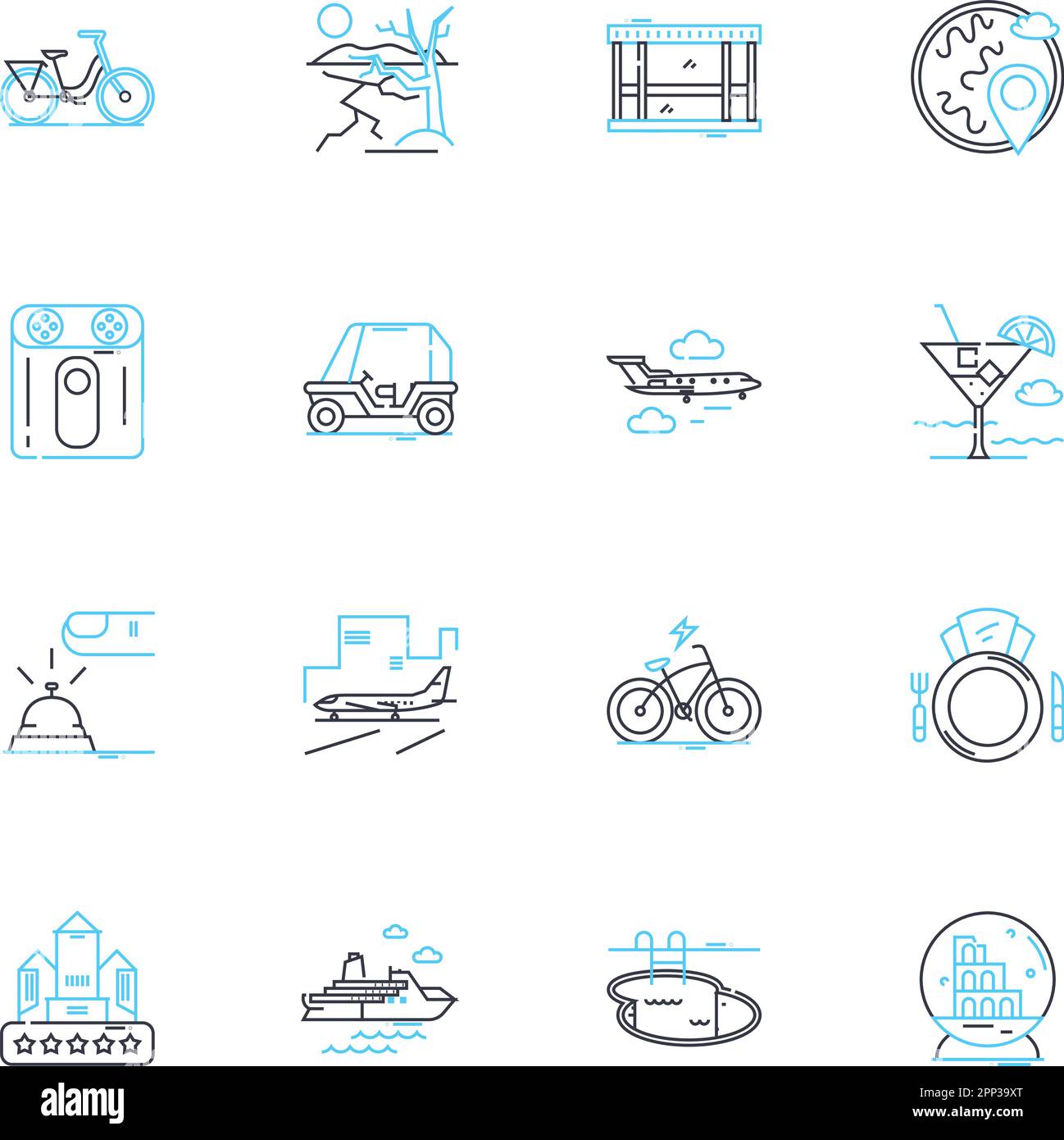 Lineare Symbole für Freizeitreisen eingestellt. Abenteuer, Entspannung, Landschaft, Kultur, Küche, Natur, romantische Linienvektor- und Konzeptzeichen. Nervenkitzel, Erkundung Stock Vektor
