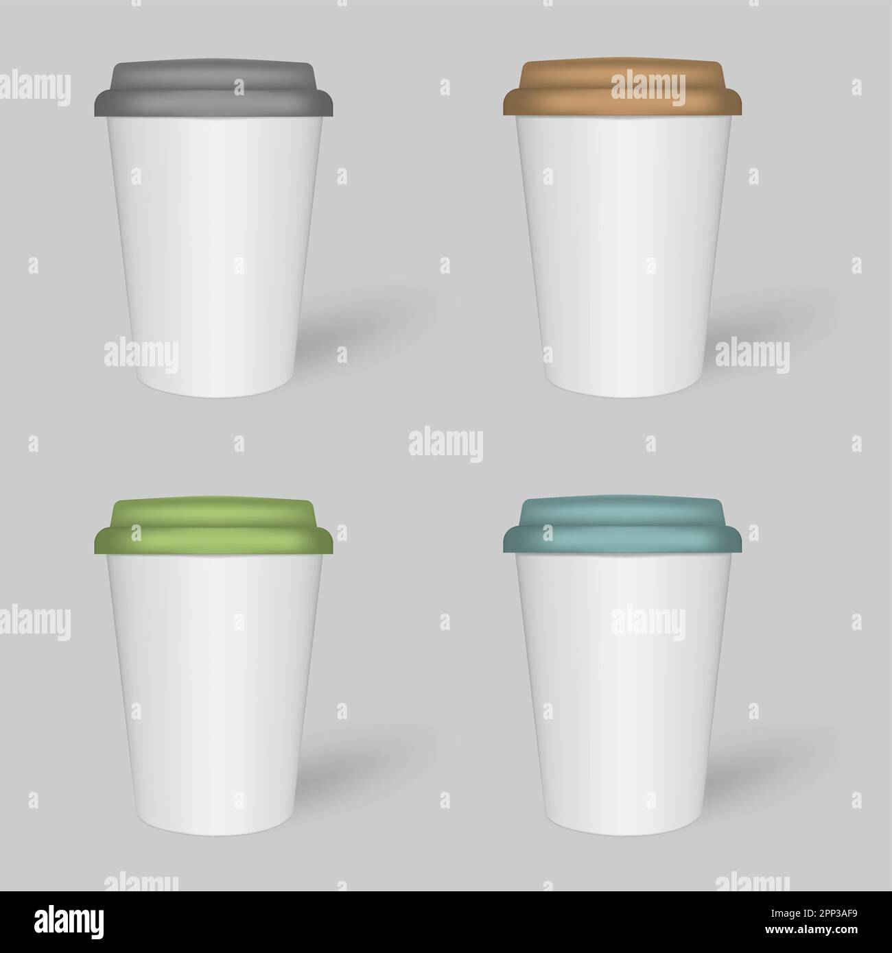 Weiße Kaffeetasse mit farbigem Deckel, Modell-Set. Reisebecher für heiße und kalte Getränke, Modell. Vektorvorlage Stock Vektor
