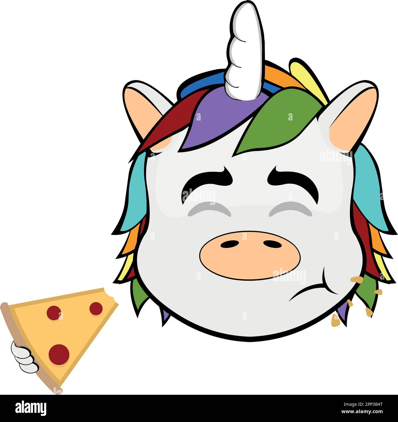 Vektordarstellung Cartoon-Gesicht eines Einhorns, das ein Stück Pizza isst Stock Vektor