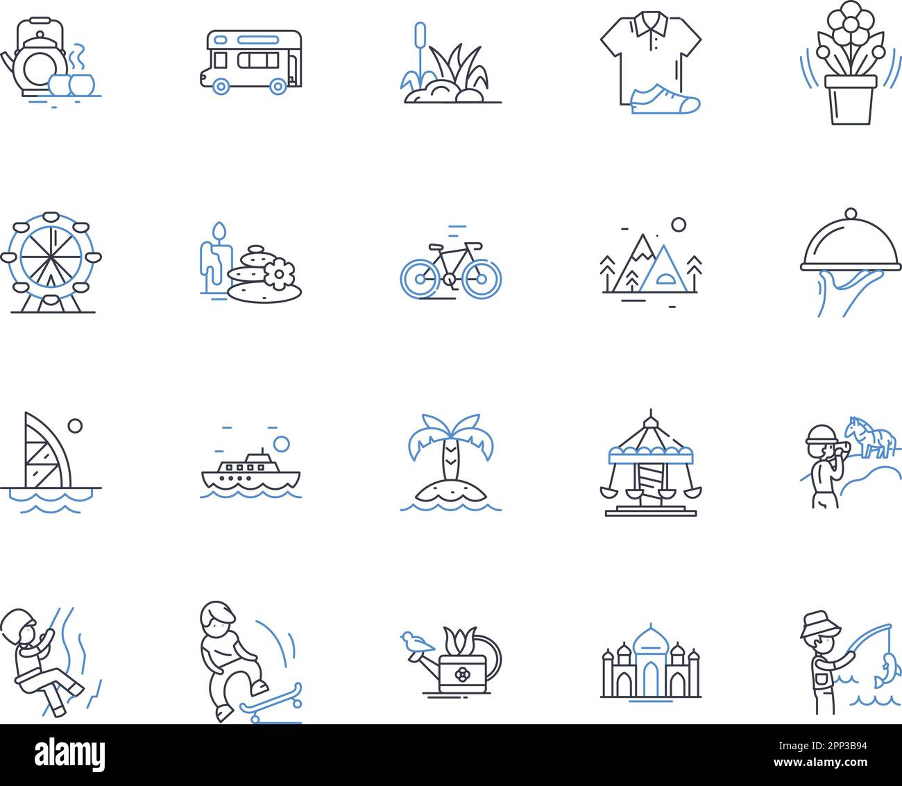 Naturausflug Line Icons Kollektion. Wandern, Wandern, Camping, Wildnis, Wald, Berge, Wasserfallvektor und lineare Darstellung. Fluss, Strand Stock Vektor