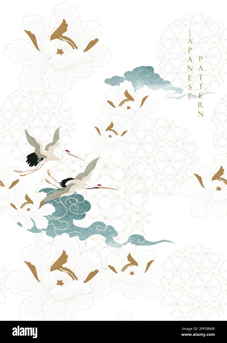 Kranvögel-Element. Chinesische Wolkendekoration mit blauer, wasserfarbener Textur im Vintage-Stil. Abstrakte Kunstlandschaft mit Pfingstrosen und lea Stockfoto