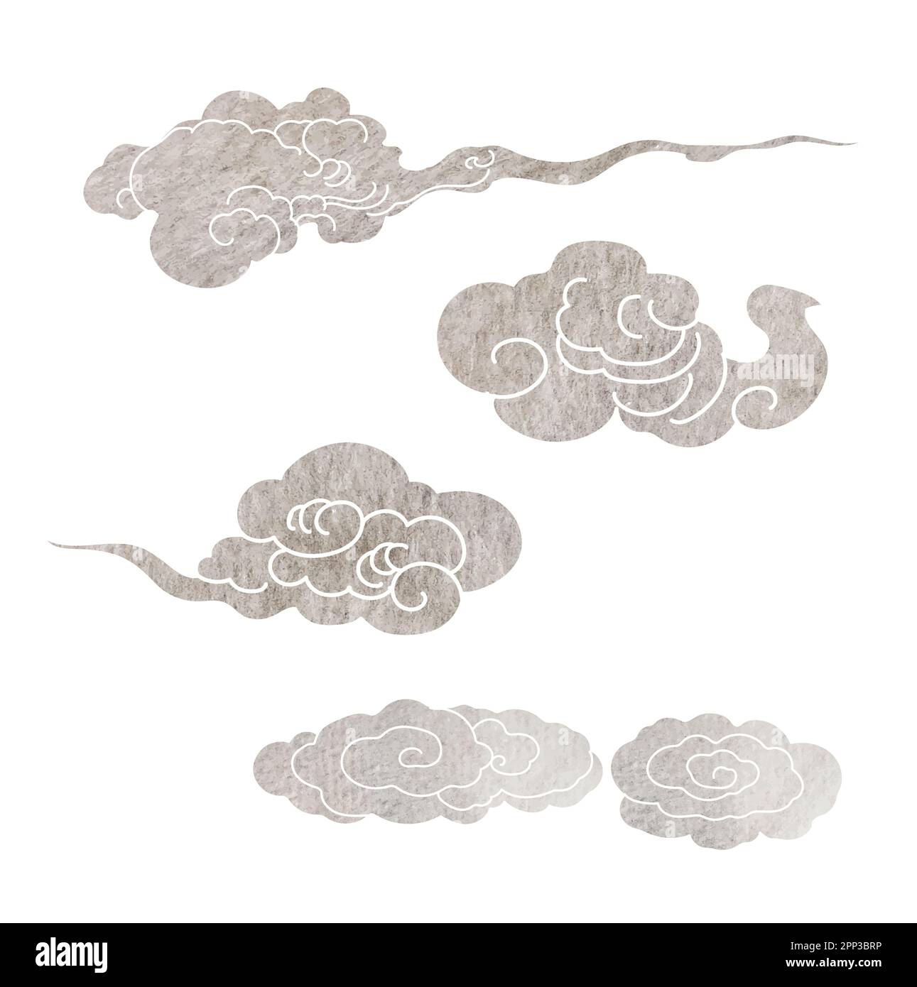 Strichstruktur in Blau, Gold, Grau und Schwarzpinsel mit japanischem Kinnwolkenmuster im Vintage-Stil. Abstraktes Bannerdesign im Landschaftsstil mit Wasserkocher Stockfoto