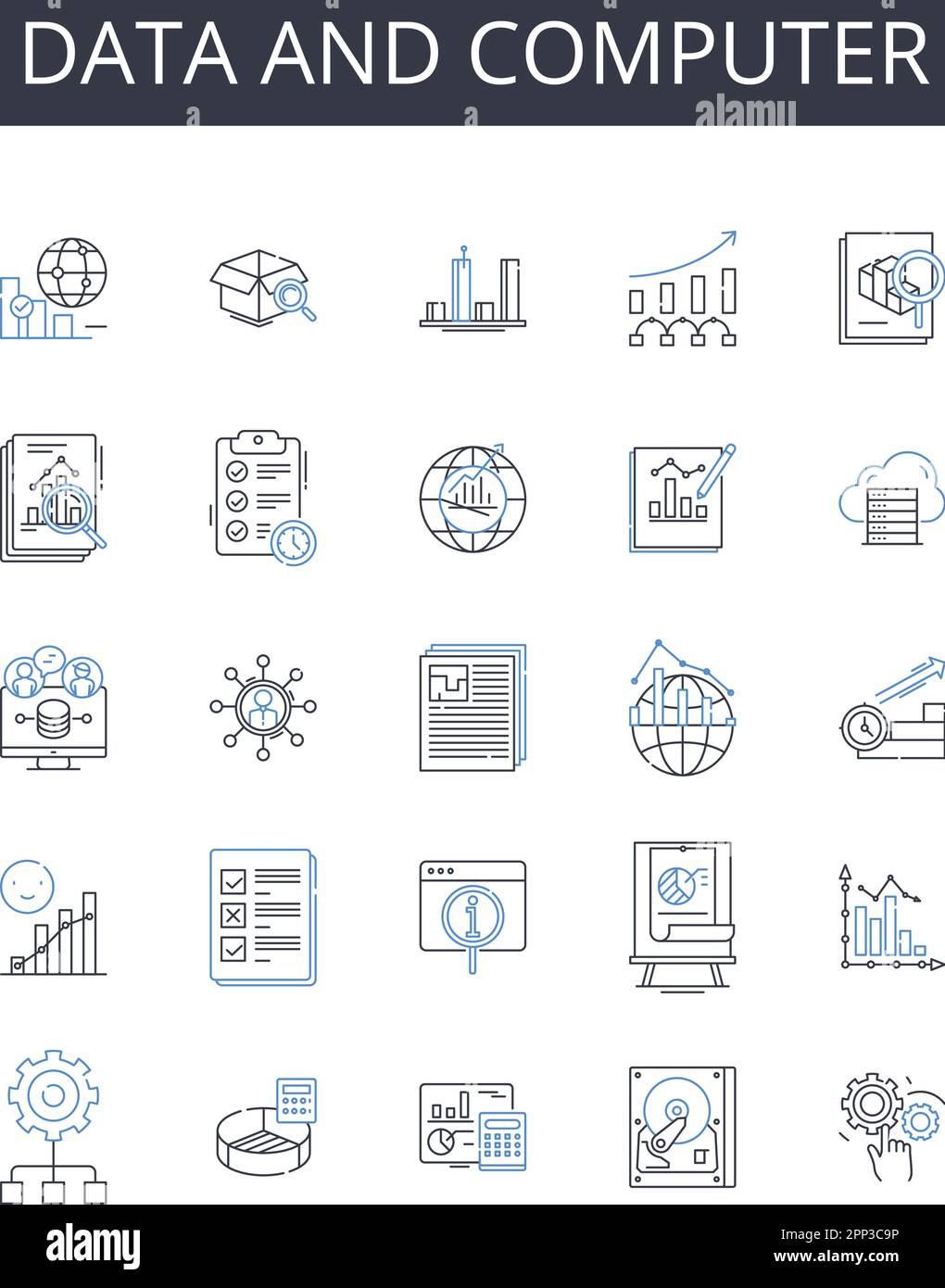 Sammlung von Daten- und Computerzeilensymbolen. Informationstechnologie, elektronisches Gerät, Web-Browsing, digitale Medien, Hochgeschwindigkeits-Internet, Cloud-Speicher Stock Vektor