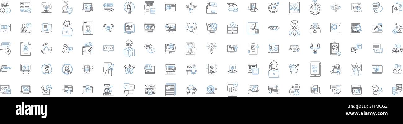 Sammlung von Symbolen für digitale Werbelinien. AdTech, PPC, Impressions, programmatisch, Klicks, Konvertierung, CPM-Vektor und lineare Darstellung. ROI Stock Vektor