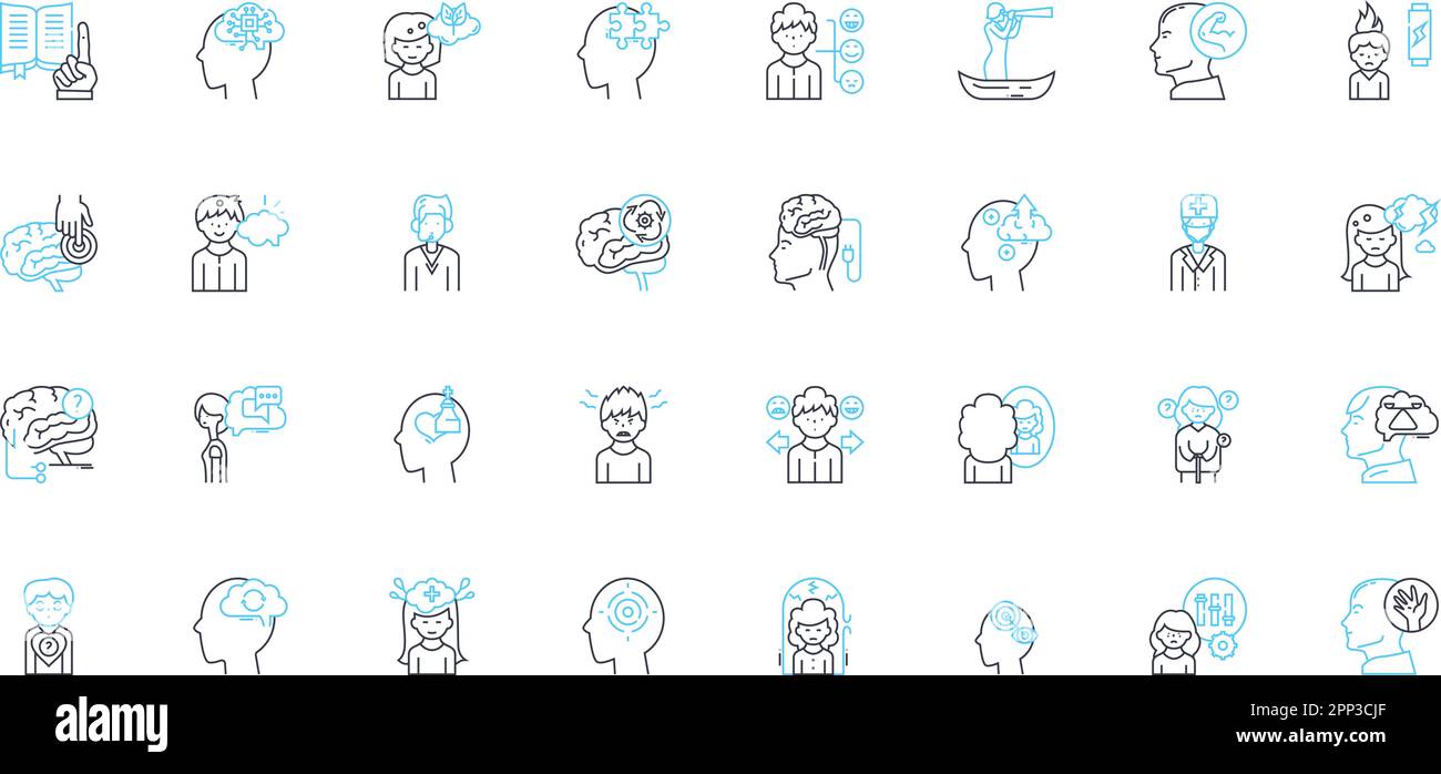 Lineare Symbole für kognitive Fähigkeiten gesetzt. Intelligenz, Verständnis, Gedächtnis, Wahrnehmung, Argumentation, Logik, Warnlinienvektor und Konzeptzeichen. Konzentrier Dich Stock Vektor