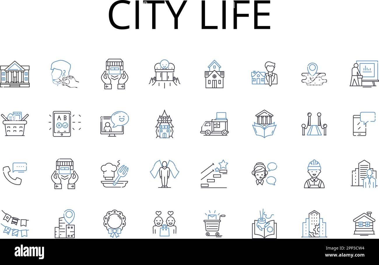 City Life Line Icons Kollektion. Ländliches Leben, Großstadt, städtisches Leben, Dorfleben, Metropolis Leben, Vorstadtleben, geschäftiges Treiben und Stock Vektor