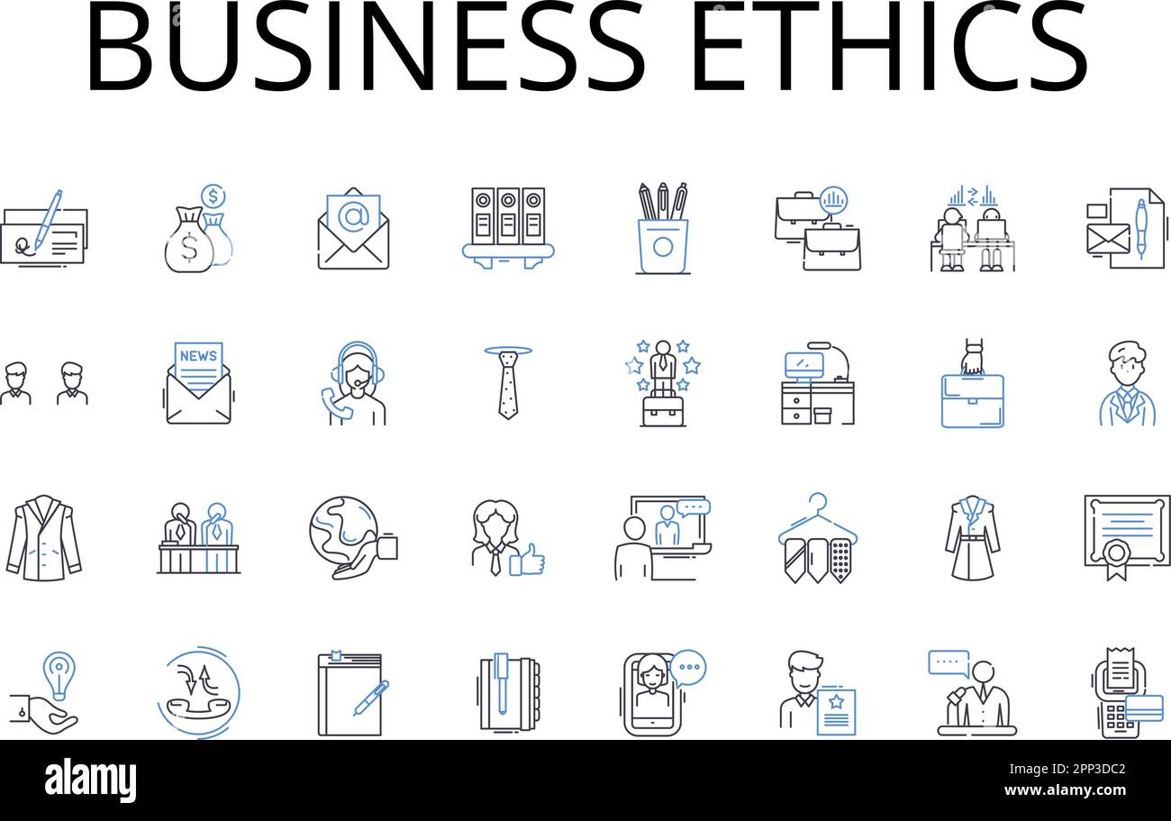 Symbolsammlung für ethische Geschäftslinien. Soziale Verantwortung, politische Korrektheit, Umweltbewusstsein, Arbeitsplatzsicherheit, Rentabilität Stock Vektor