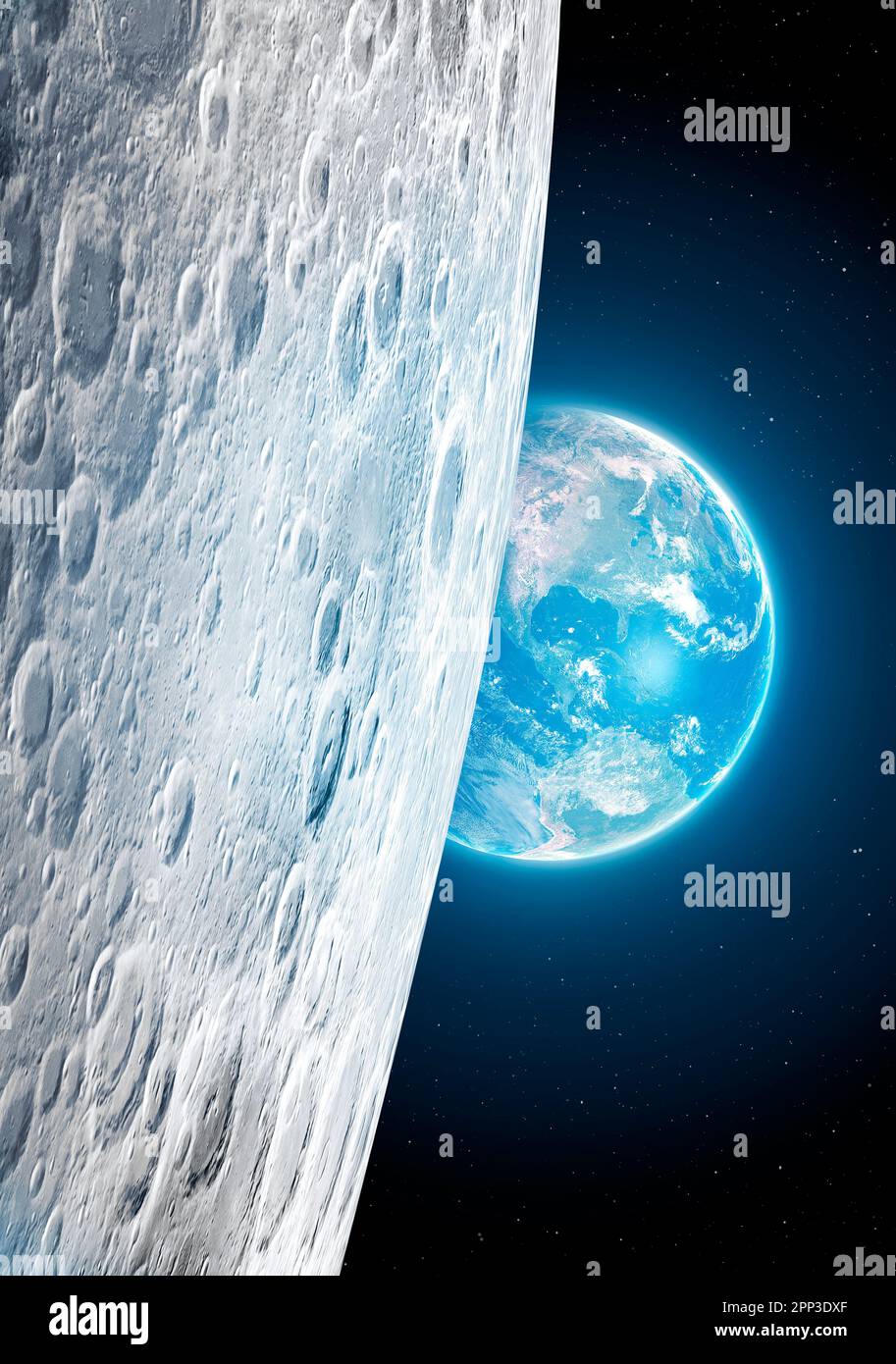 Blick auf die Erde und den Mond Stockfoto