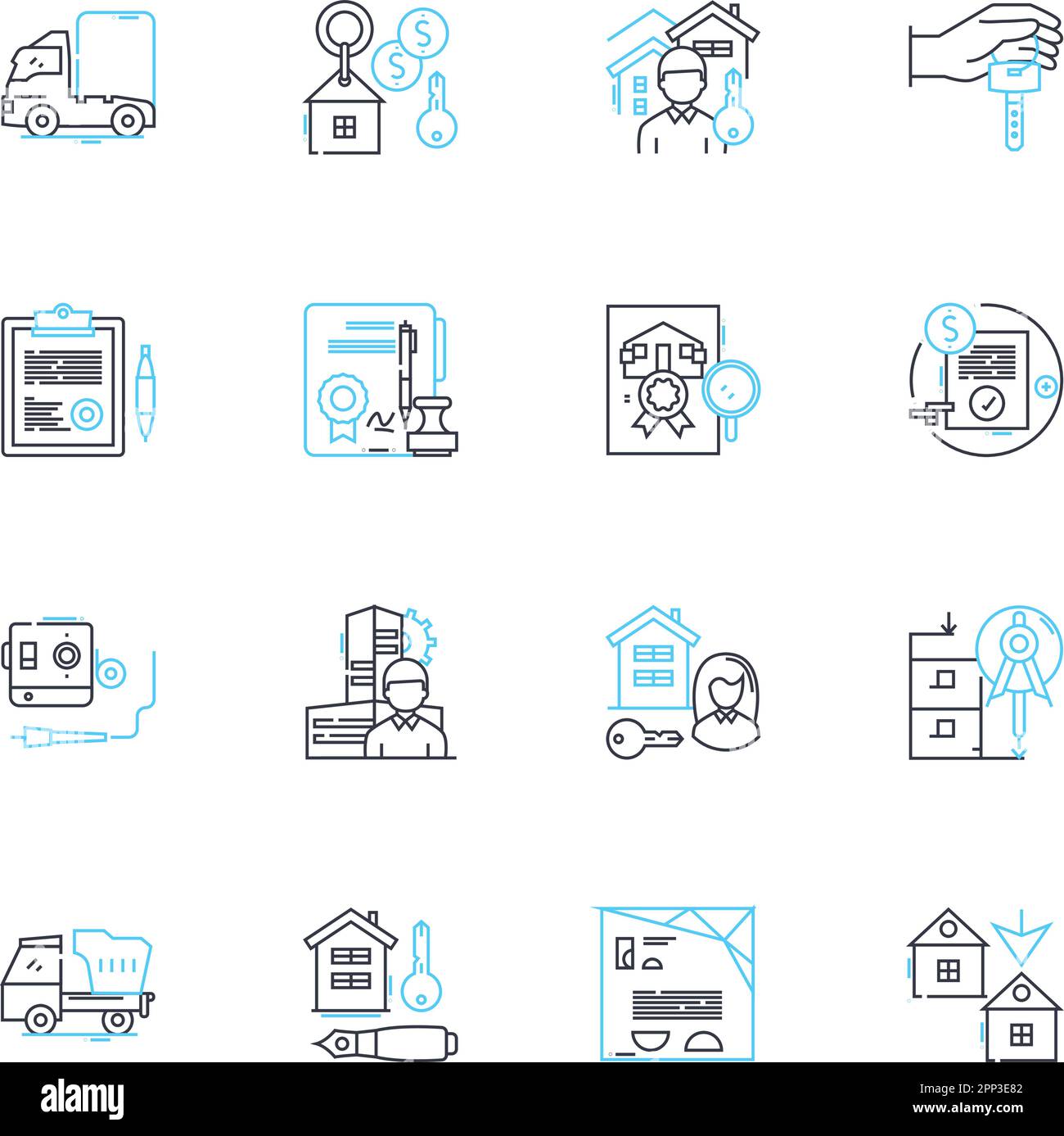 Linearer Symbolsatz für den Verkauf von Immobilien. Grundstück, Haus, Wohnung, Land, Anlagemittel, Hypothekenlinienvektor und Konzeptzeichen. Ertrag, Eigenkapital, Miete Stock Vektor