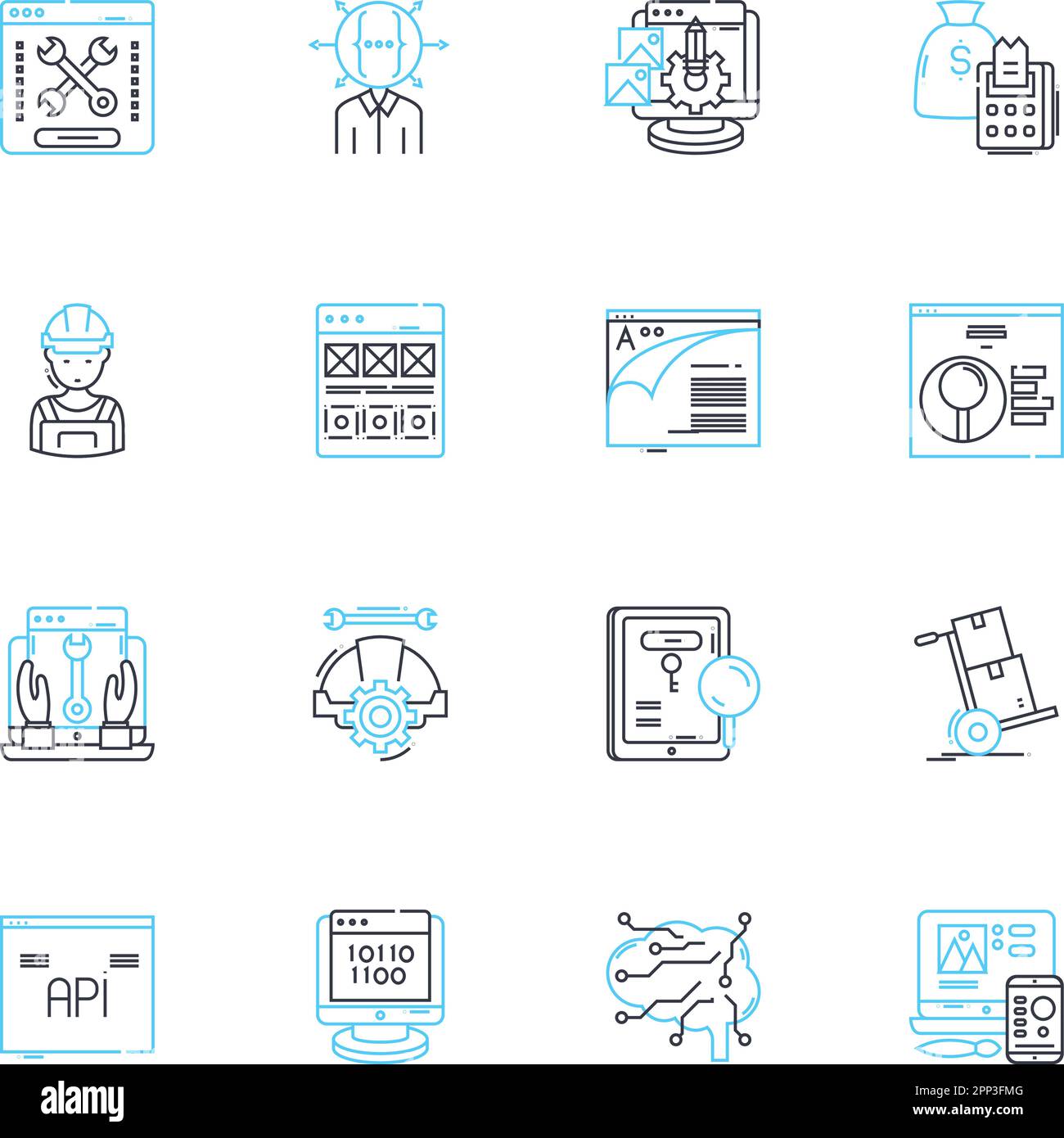 Lineare Symbole für Algorithmuskonstruktion festgelegt. Optimierung, Berechnung, Komplexität, Modellierung, Heuristik, Algorithmen, Datenlinienvektor und Konzeptzeichen Stock Vektor