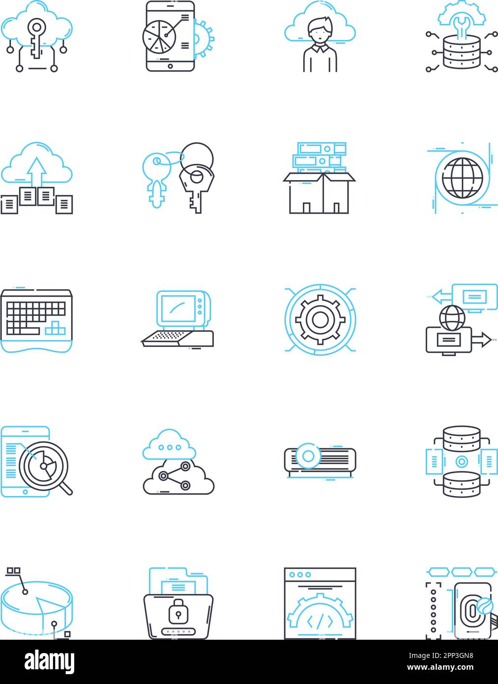 Lineare Symbole für digitale Programmierung eingestellt. Codierung, Programmierung, Algorithmen, Debugging, Automatisierung, Software, Integrationslinienvektor und Konzeptzeichen. Web Stock Vektor