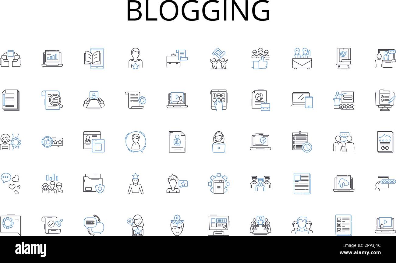 Sammlung von Symbolen für die Blogging-Zeile. Einschluss, Kontrolle, Widerstand, Unterdrückung, Kampf, Autorität, Besatzungsvektor und lineare Darstellung Stock Vektor