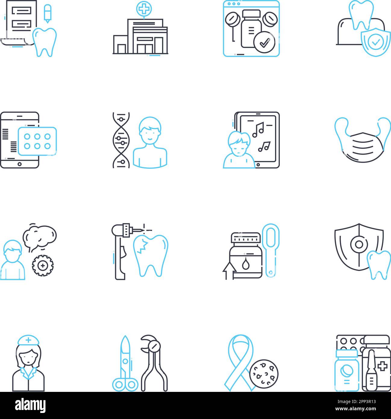 Präzisionsmedizin - Lineare Symbole gesetzt. Personalisiert, Genetik, Targeted, Genomik, Therapeutik, Biomarker, Diagnoselinienvektor und Konzeptzeichen Stock Vektor