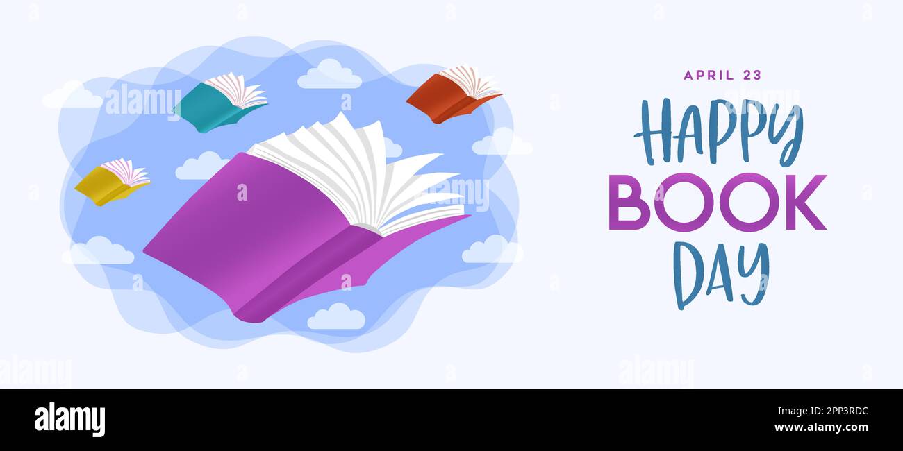 World Book Day Banner Konzept Illustration von bunten Büchern, die am Himmel fliegen, um kreative Vorstellungskraft zu lesen oder Ideen auf weißem isoliertem Bac zu lernen Stock Vektor