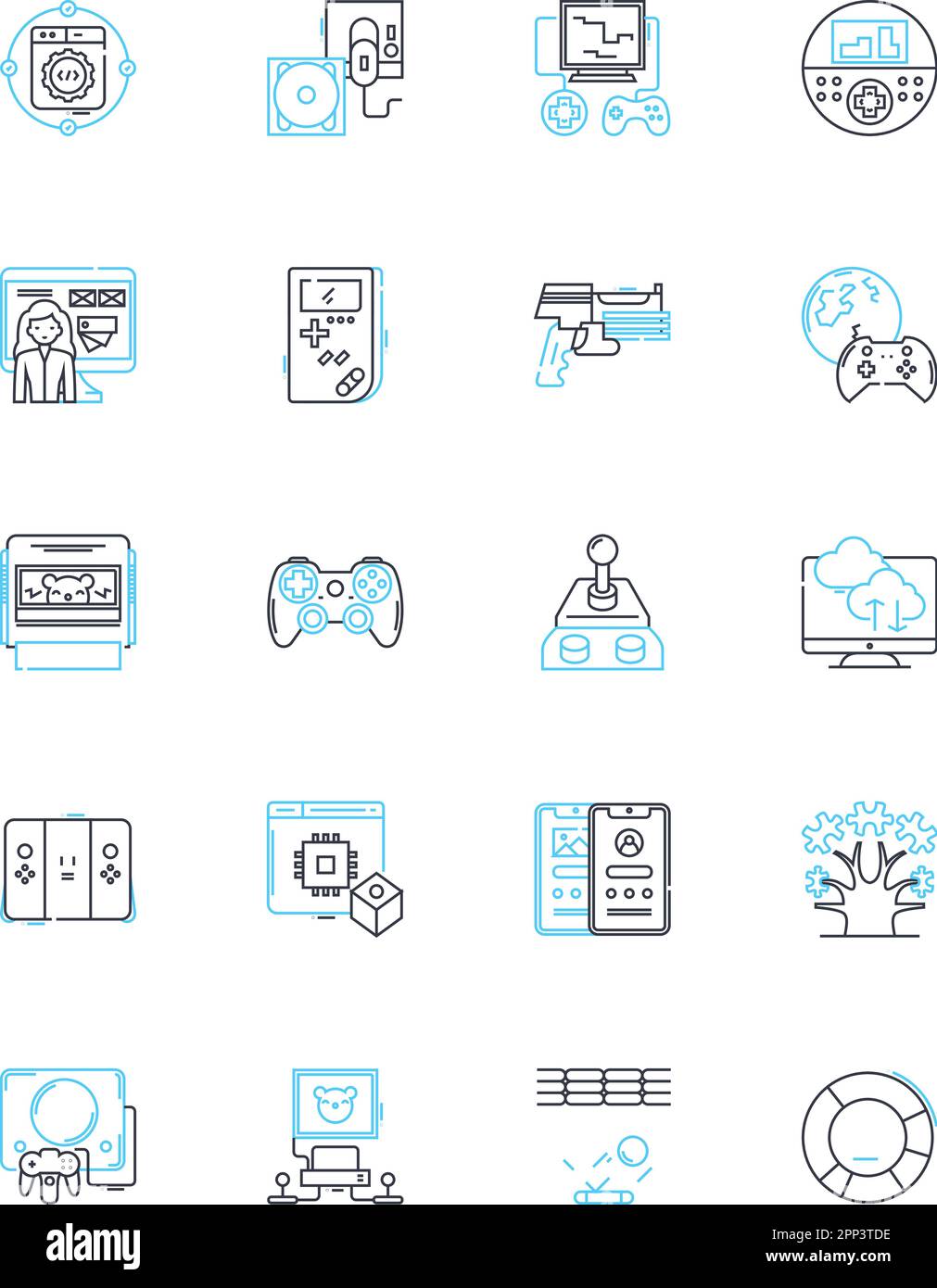 Lineare Symbole für Gaming-Websites. Virtuell, Online, Abenteuer, Action, Spaß, Wettbewerbs-, Gaming-Line-Vektor- und Konzeptzeichen. Unterhaltung, Strategie Stock Vektor