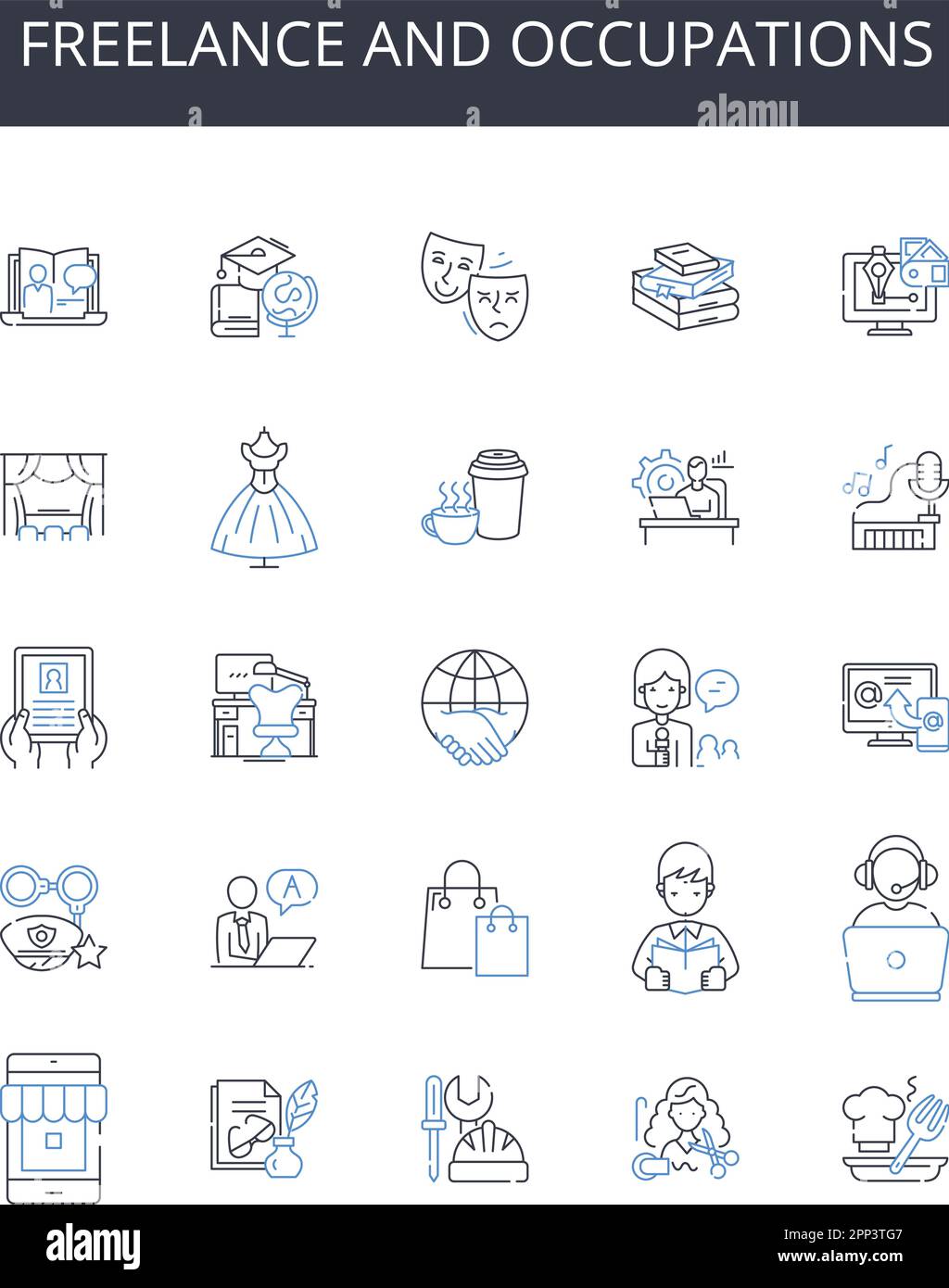 Kollektion mit Liniensymbolen für Freiberufler und Berufe. Selbstständig, Berater, Auftragnehmer, Unternehmer, unabhängig, Solopreneur, Gig Worker Vector und Stock Vektor