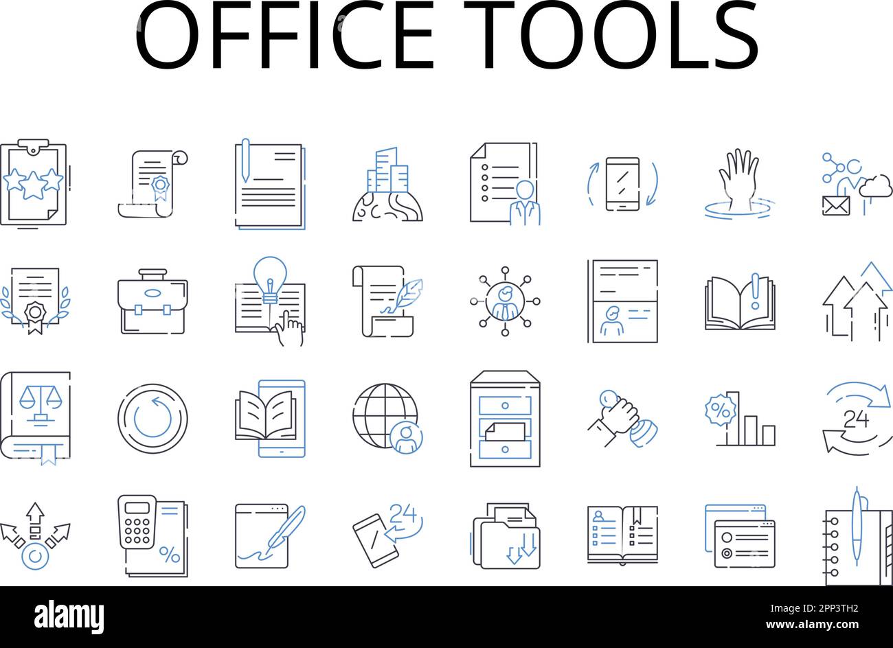 Sammlung von Zeilensymbolen für Office-Tools. Küchenbedarf, Sportausrüstung, Schulbedarf, Grafikdesign, Kfz-Teile, Haushaltsgegenstände, medizinisch Stock Vektor