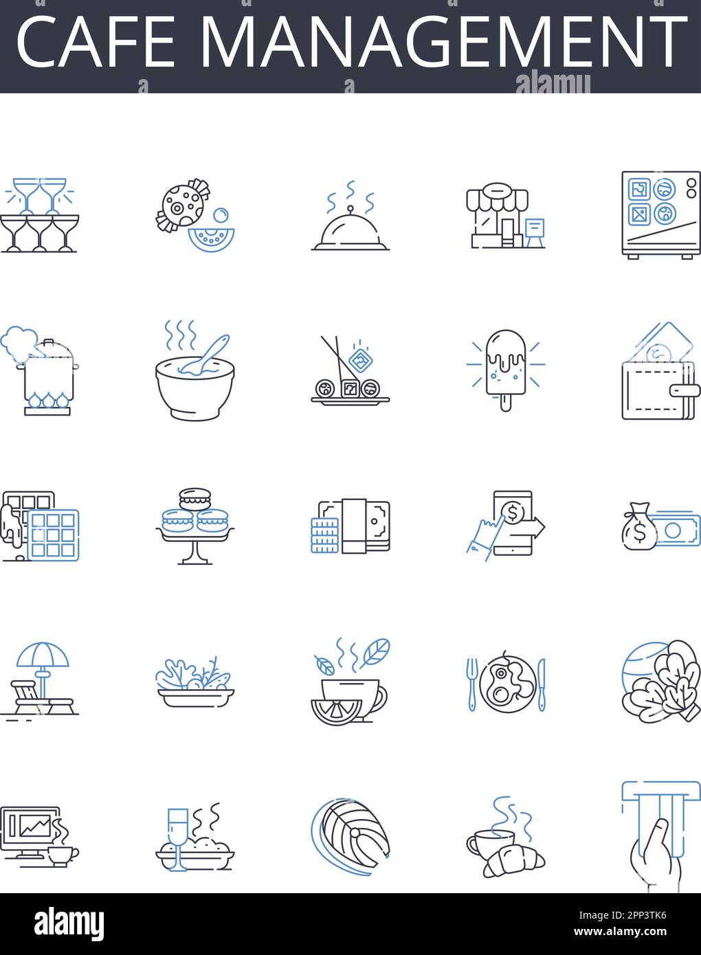 Sammlung der Symbole für die Café-Management-Linie. Restaurantleitung, Bistro-Verwaltung, Coffeehouse-Verwaltung, Eatery-Leitung, Tavern-Leitung, Bar Stock Vektor