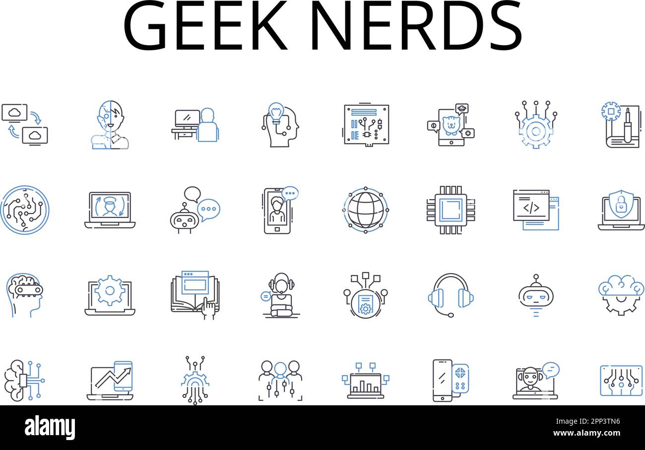 „Geek Nerds Line Icons“-Kollektion. Brainiacs, Savants, Technophile, Intellektuelle, Cognoscenti, Schlaue Bande, allwissende Vektoren und lineare Illustration Stock Vektor „Geek Nerds Line Icons“-Kollektion. Brainiacs, Savants, Technophile, Intellektuelle, Cognoscenti, Schlaue Bande, allwissende Vektoren und lineare Illustration Stock Vektor